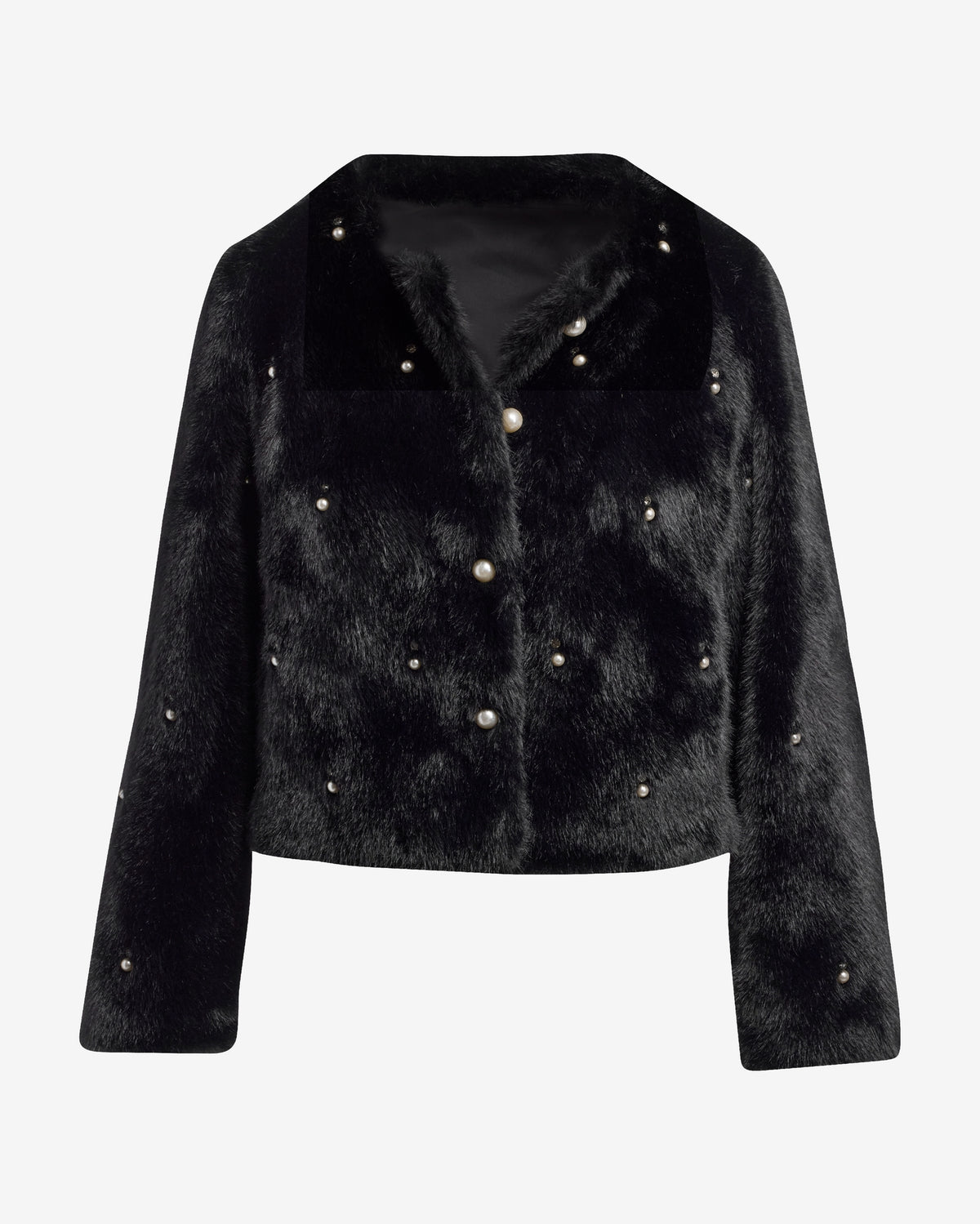 Pearl Embellished Faux Fur Collarless Chubby Black