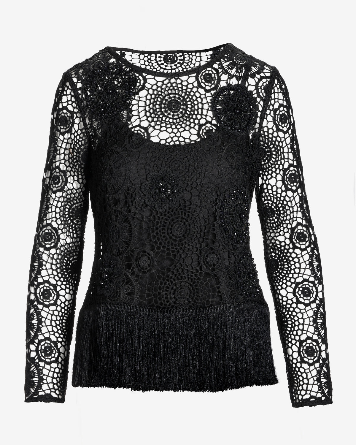 Embellished Crochet Fringe Pullover Black