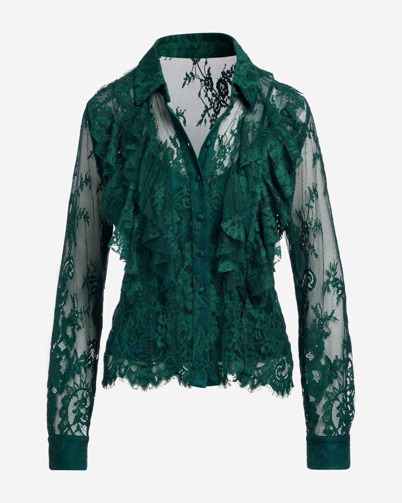 Ruffle Lace Button Up Shirt Emerald
