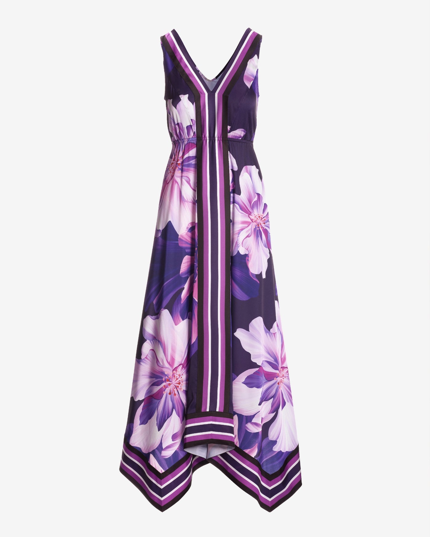 Exploded Dahlia Scarf Print Handkerchief Hem Dress Purple