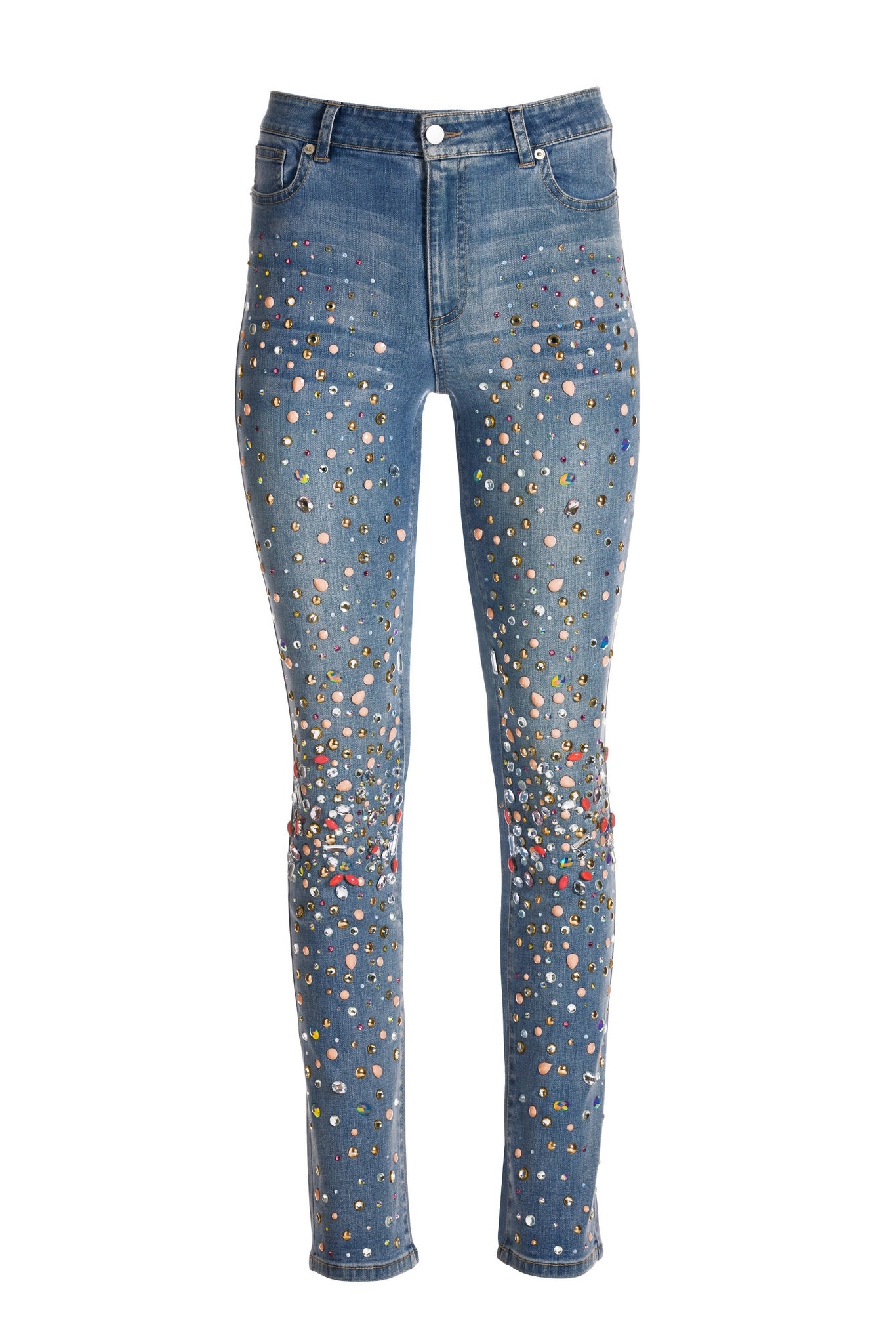 Scattered Embellishment Slim-Straight Leg Jean Light Med Wash