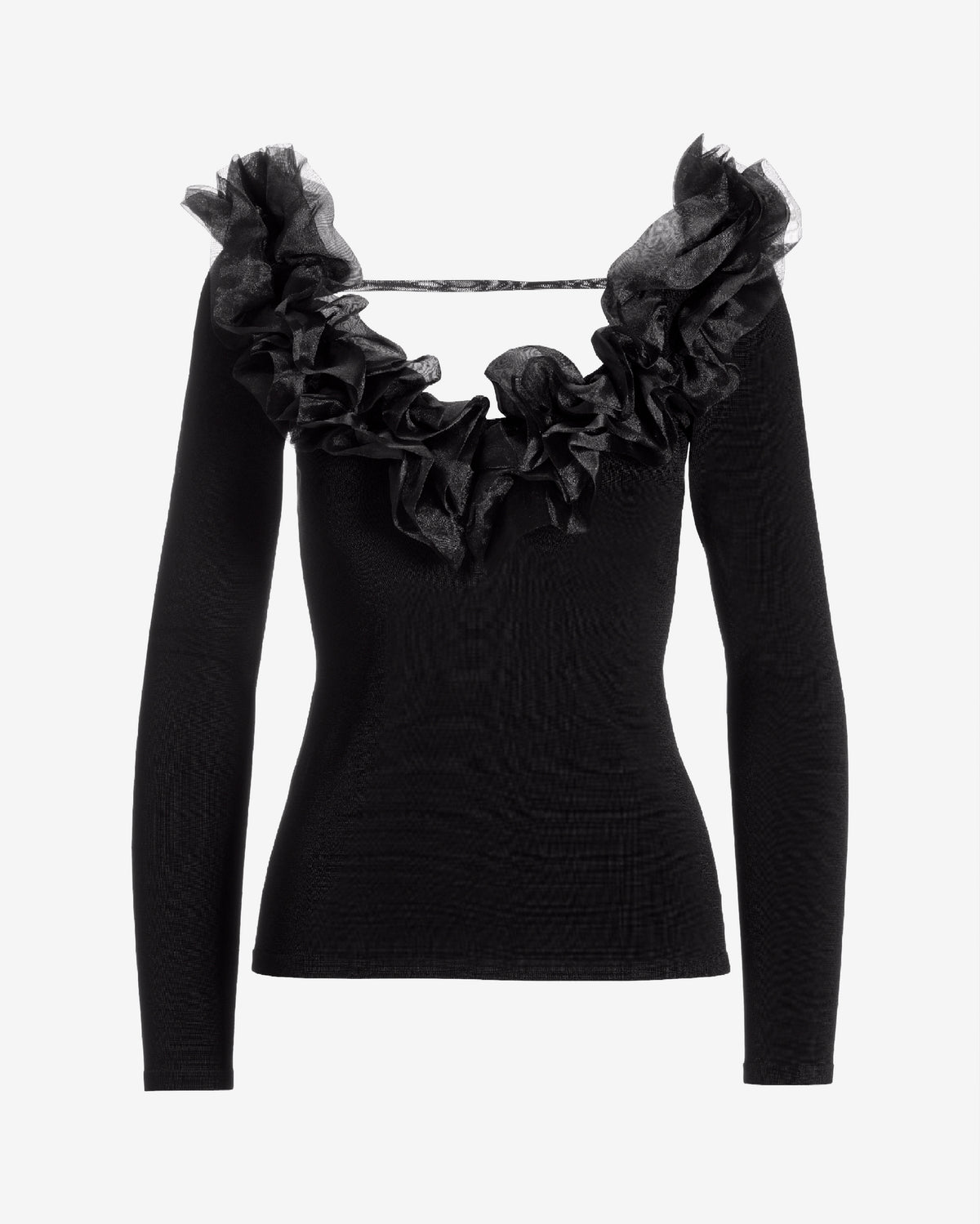 Organza Ruffle V Neck Sweater Black