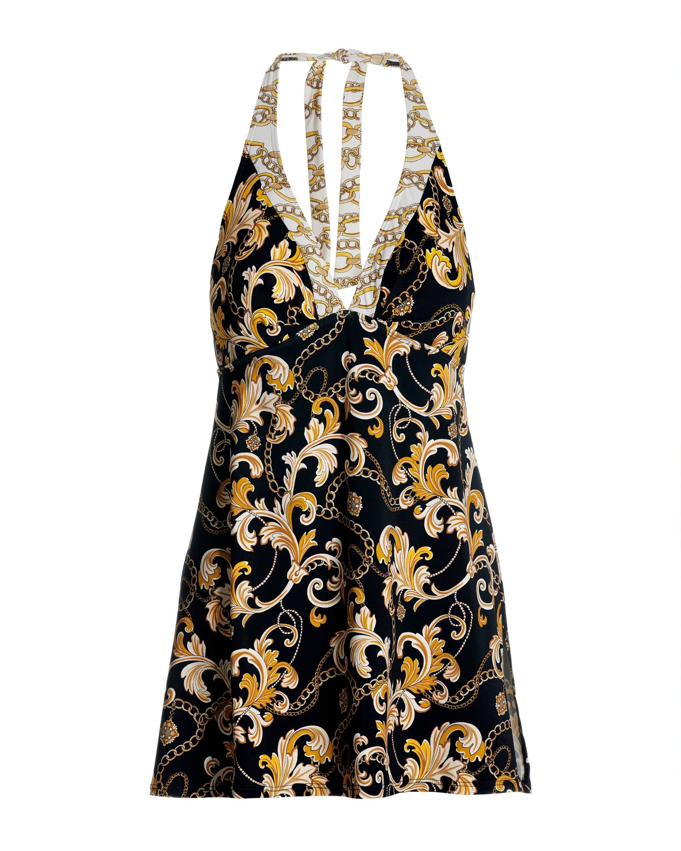 Swim Sense Filigree Status Print Halter Swim Dress Black/Gold