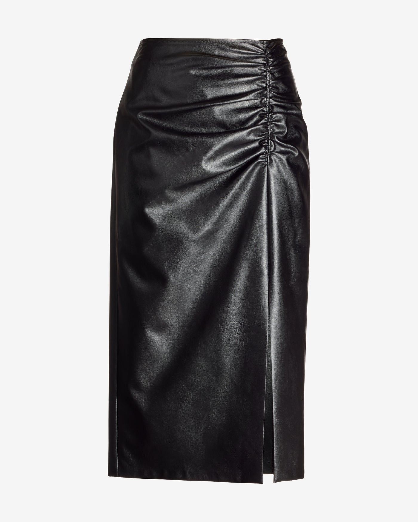 Faux Leather Ruched Midi Skirt Black
