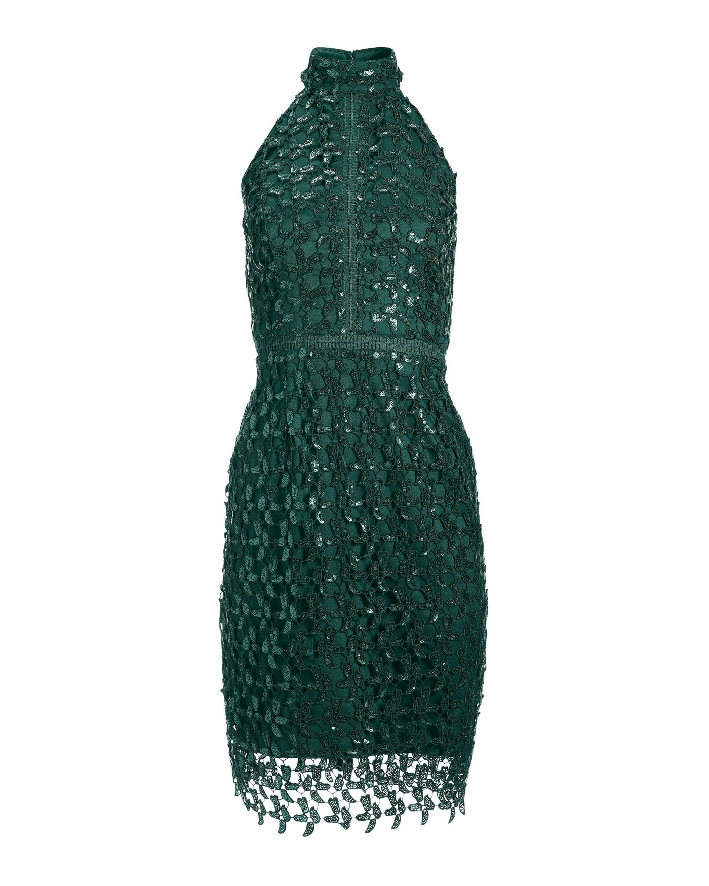 Sequin Lace Mock Neck Sheath Dress Deep Emerald