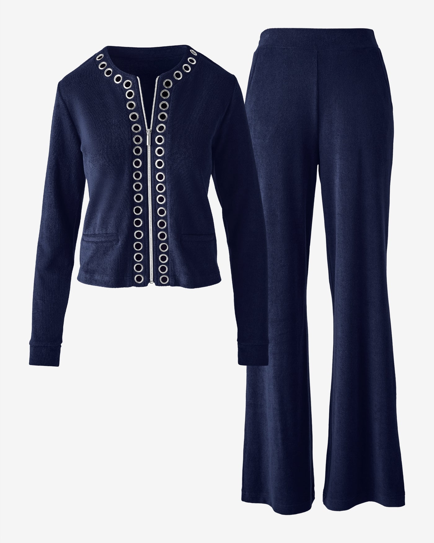 Grommet Detail Beach Terry Cardigan Pant Set Navy