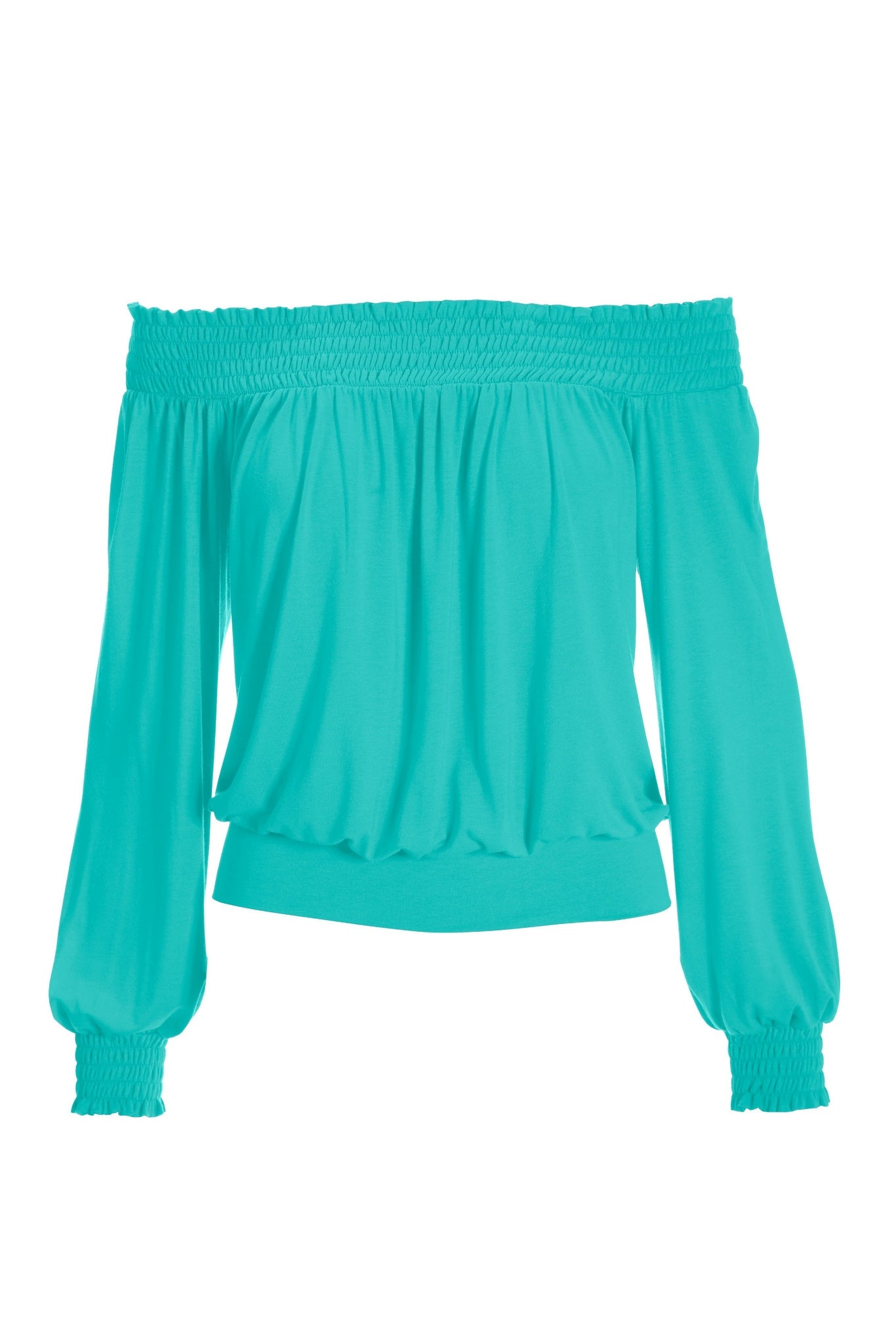 Off the Shoulder Smocked Knit Top Turquoise