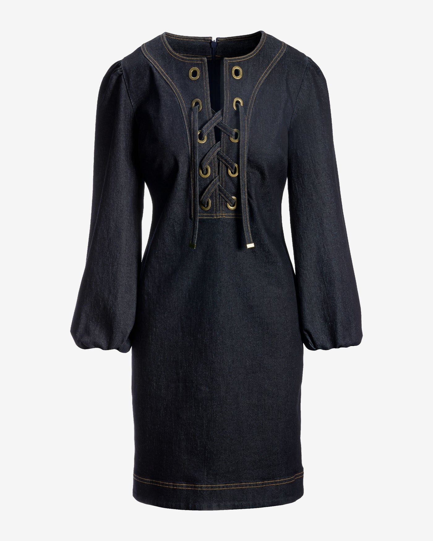 Lace Up Grommet Detail Denim Tunic Dress Dark Rinse