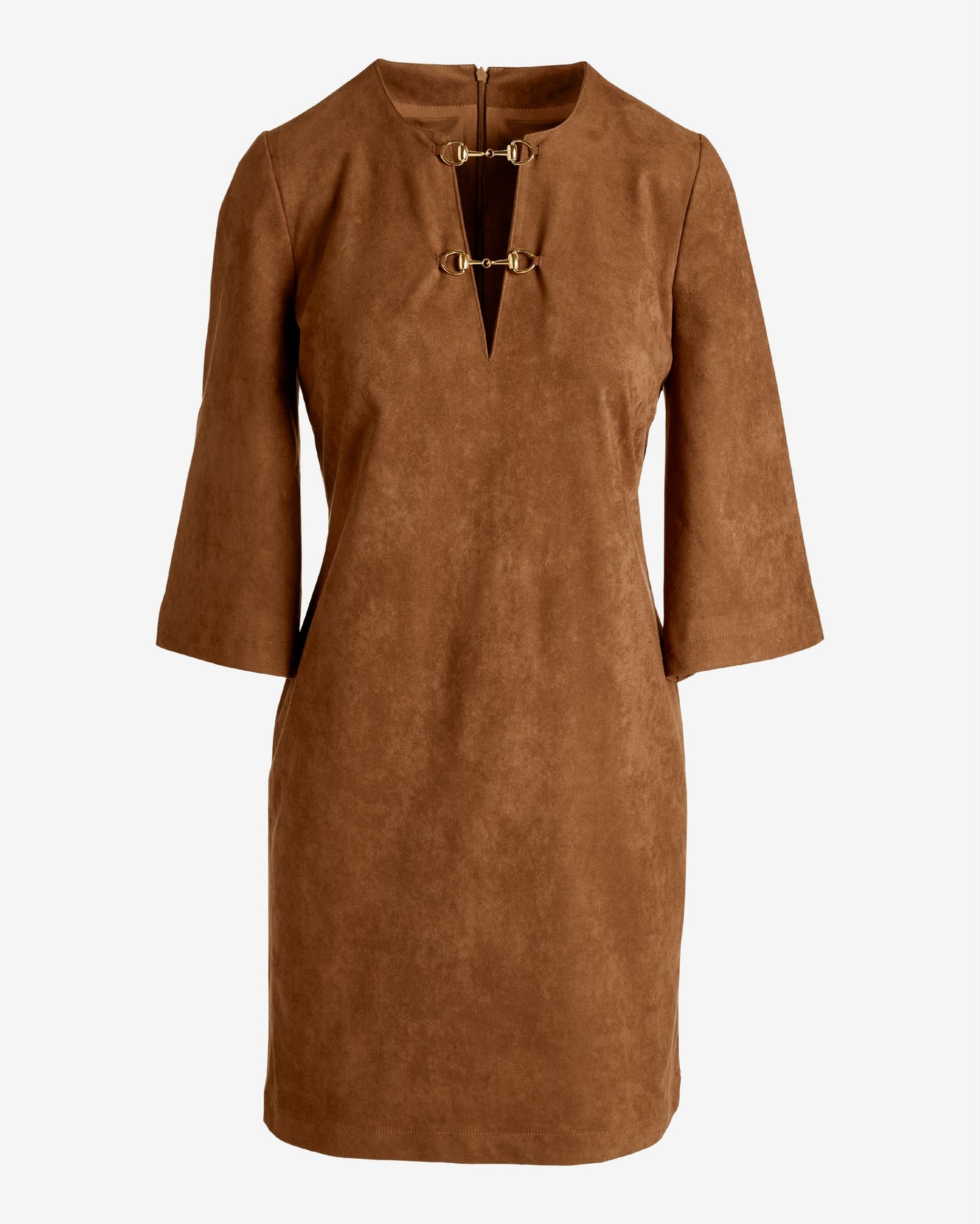 Faux Suede Hardware Trim Shift Dress Tortoise Shell