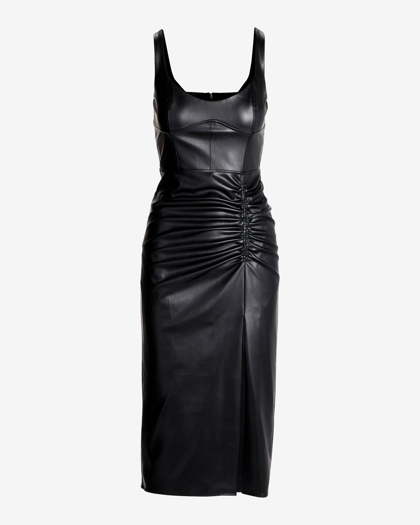 Faux Leather Ruched Slit Detail Midi Dress Black