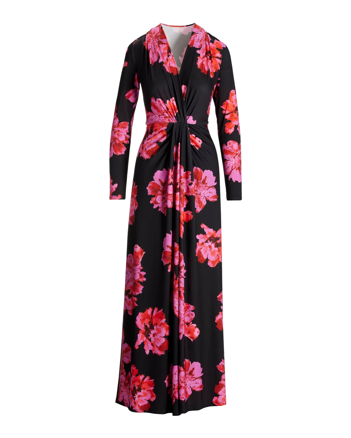 Petals Print Knot Front V Neck Knit Maxi Dress Pink/Red