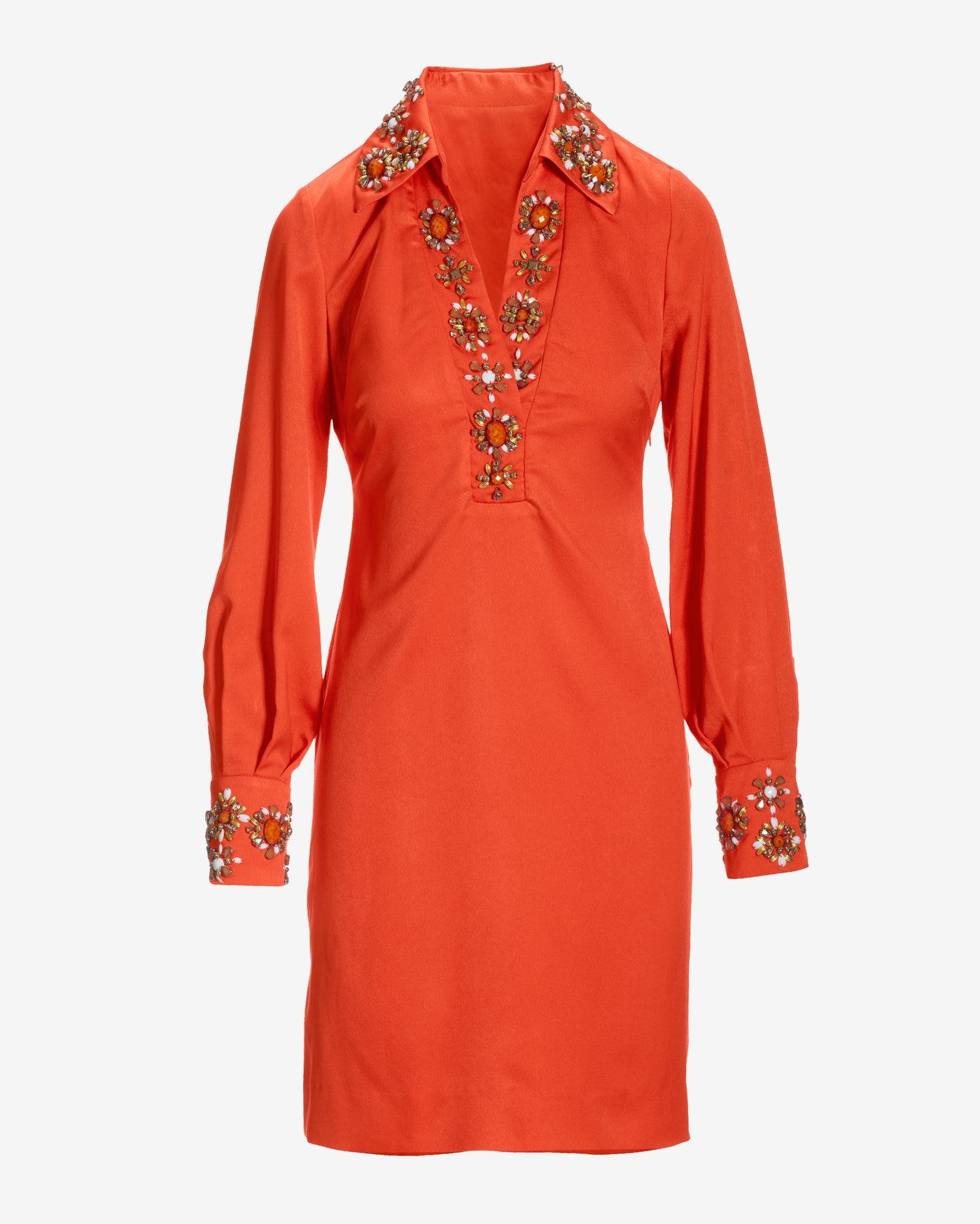 Beaded Embellished Trim Collared Tunic Dress Flame