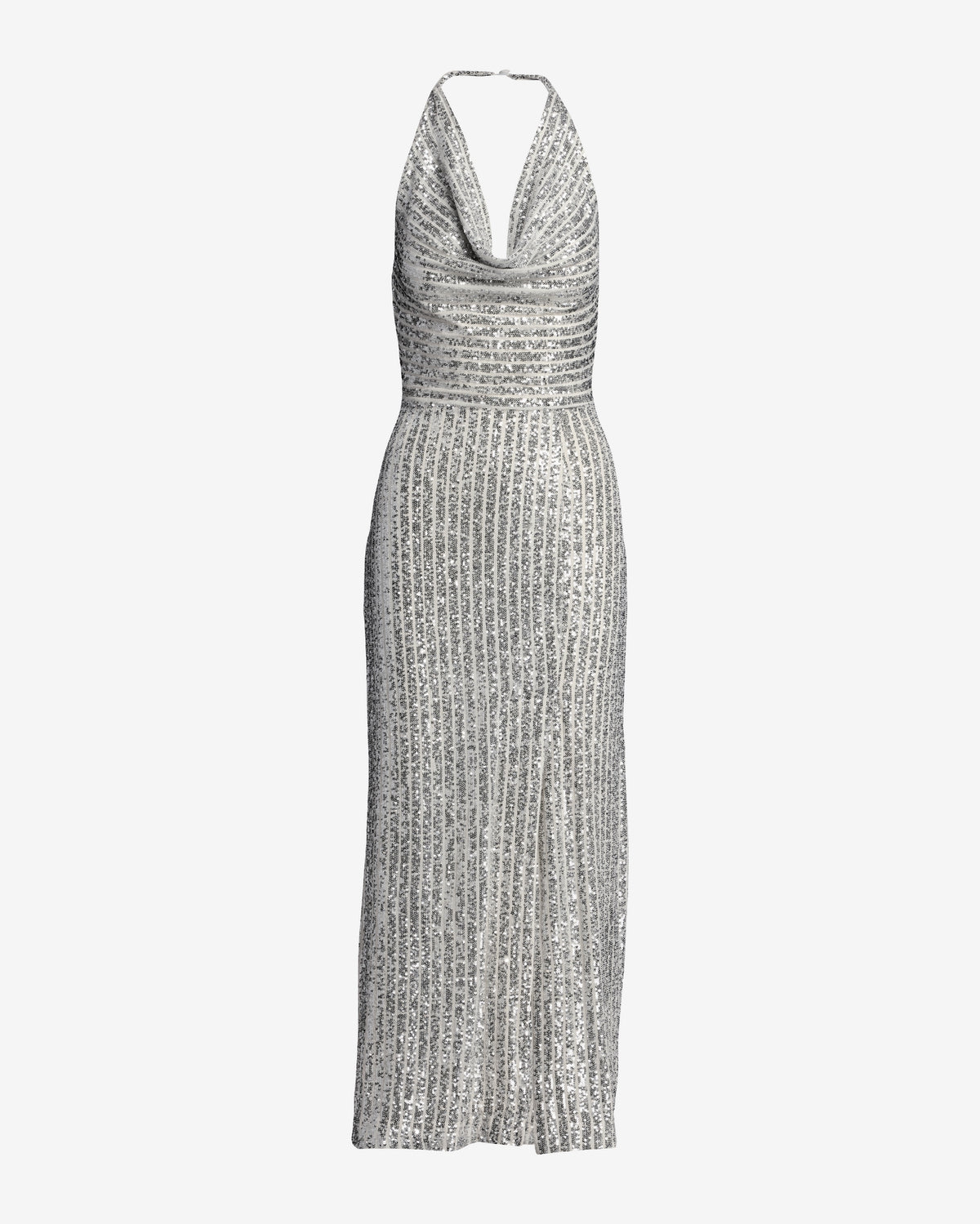 Sequin Rib Cowl Neck Slit Gown Silver
