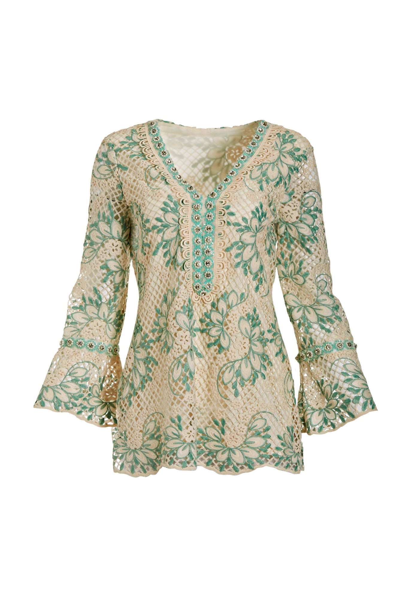 Lace Embellished Tunic Top Off White Multi
