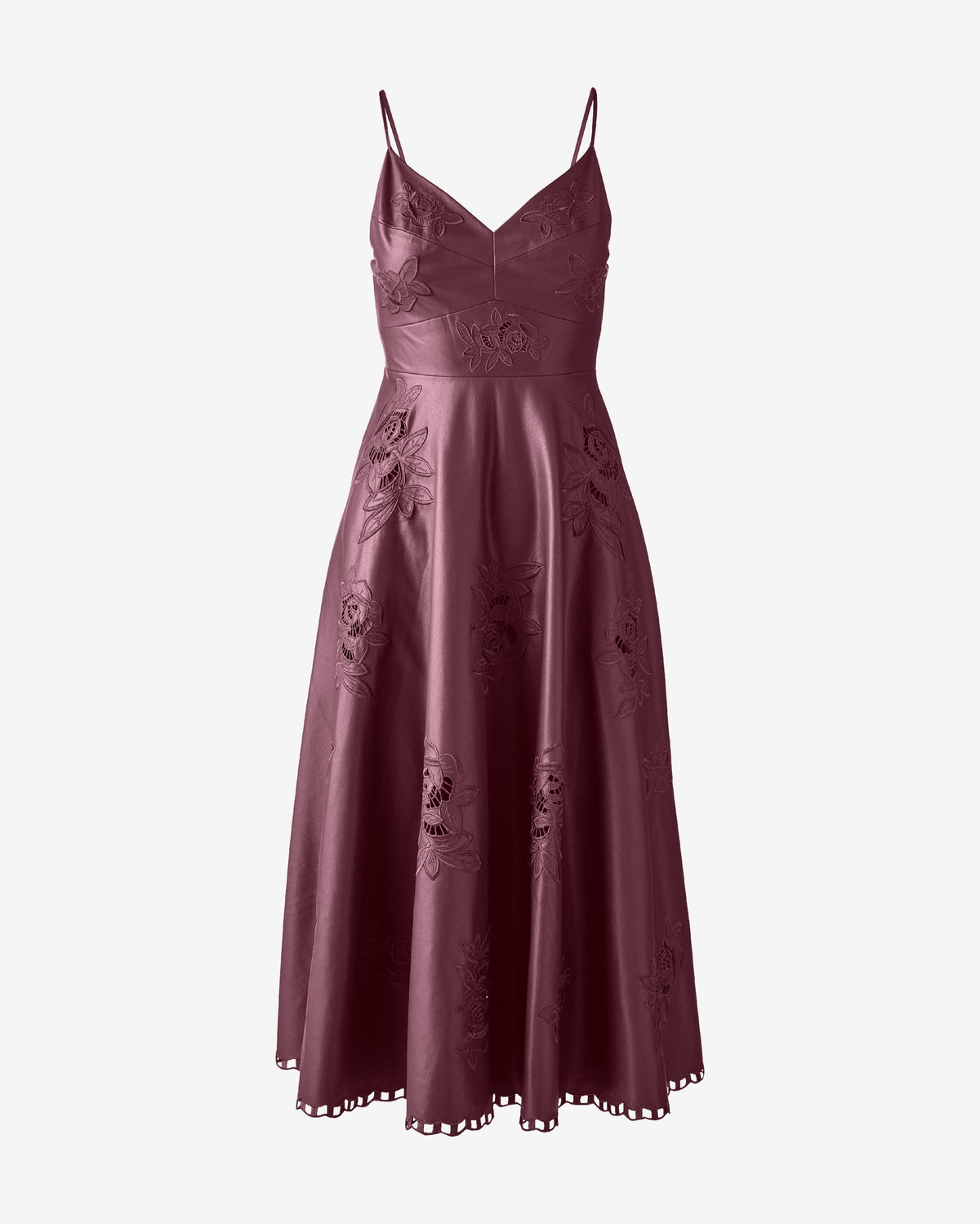 Faux Leather Floral Cut Out Fit and Flare Dress Mauve Wine