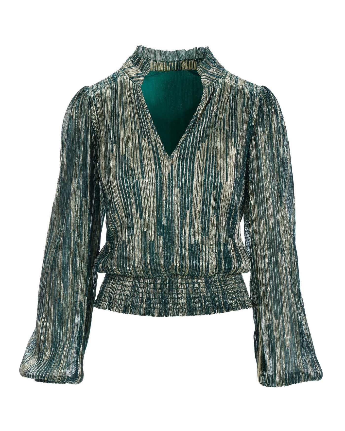 Shimmer Pleated Smocked Blouson Top Green/Gold