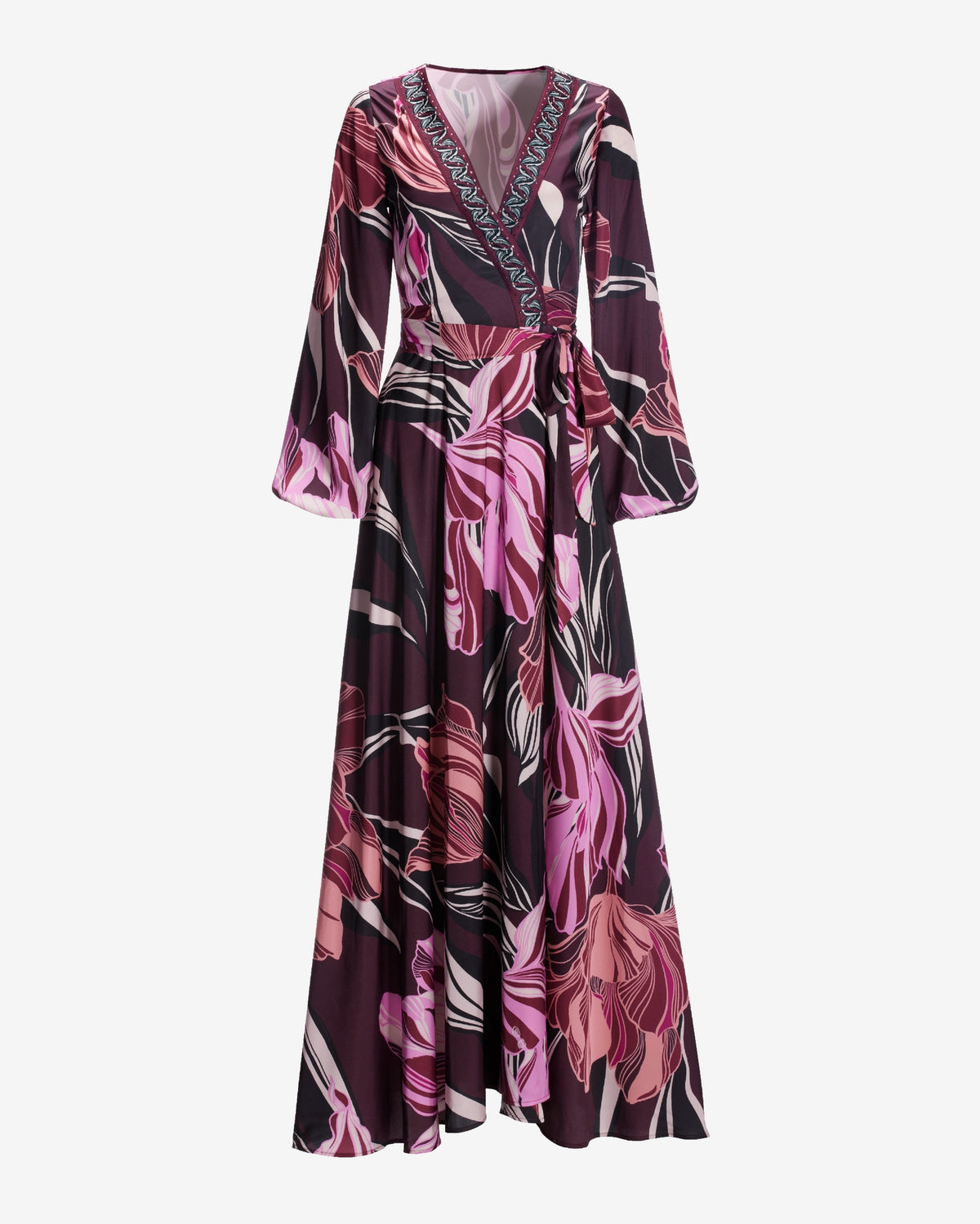 Olivia Fleurs Embellished Charmeuse Maxi Dress Maroon