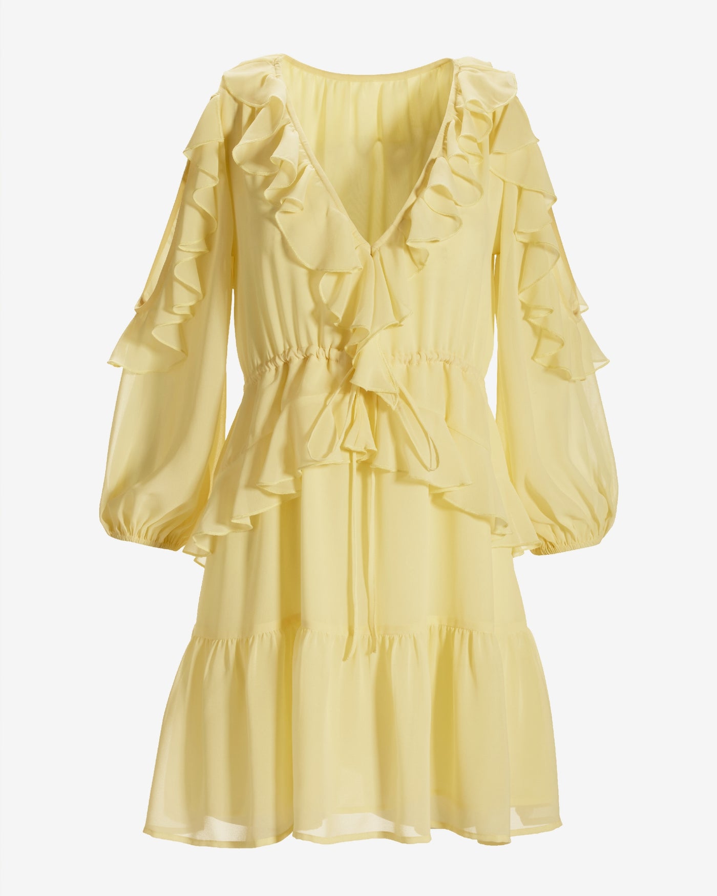 Cold Shoulder Ruffle Detail Boho Peasant Dress Pale Banana