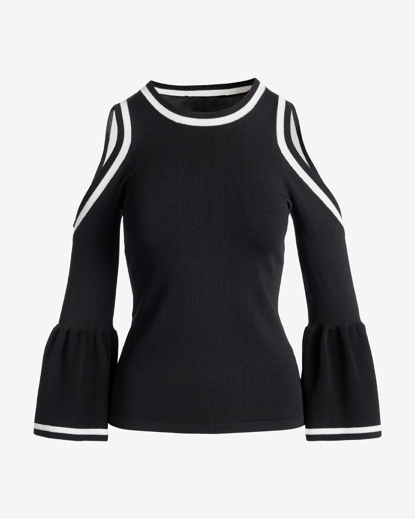 Color Block Cold Shoulder Ruffle Sleeve Sweater Black/White