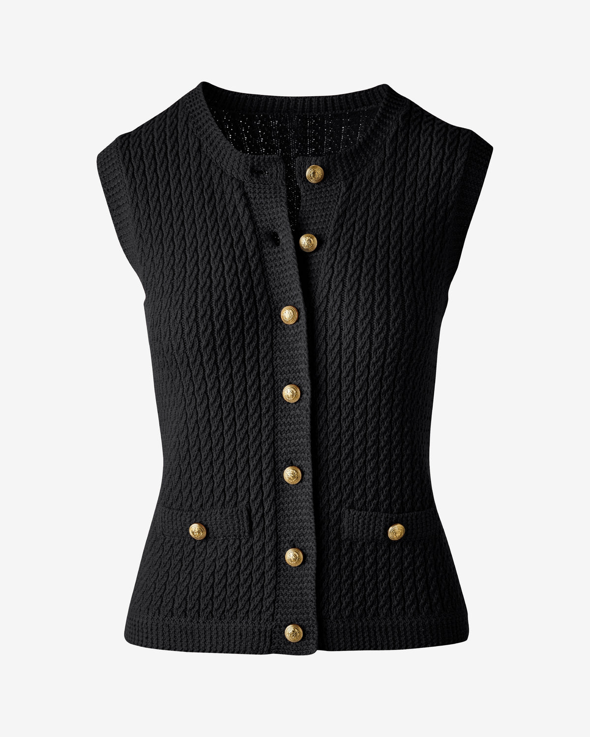 Sleeveless Textured Knit Button Front Sweater Black
