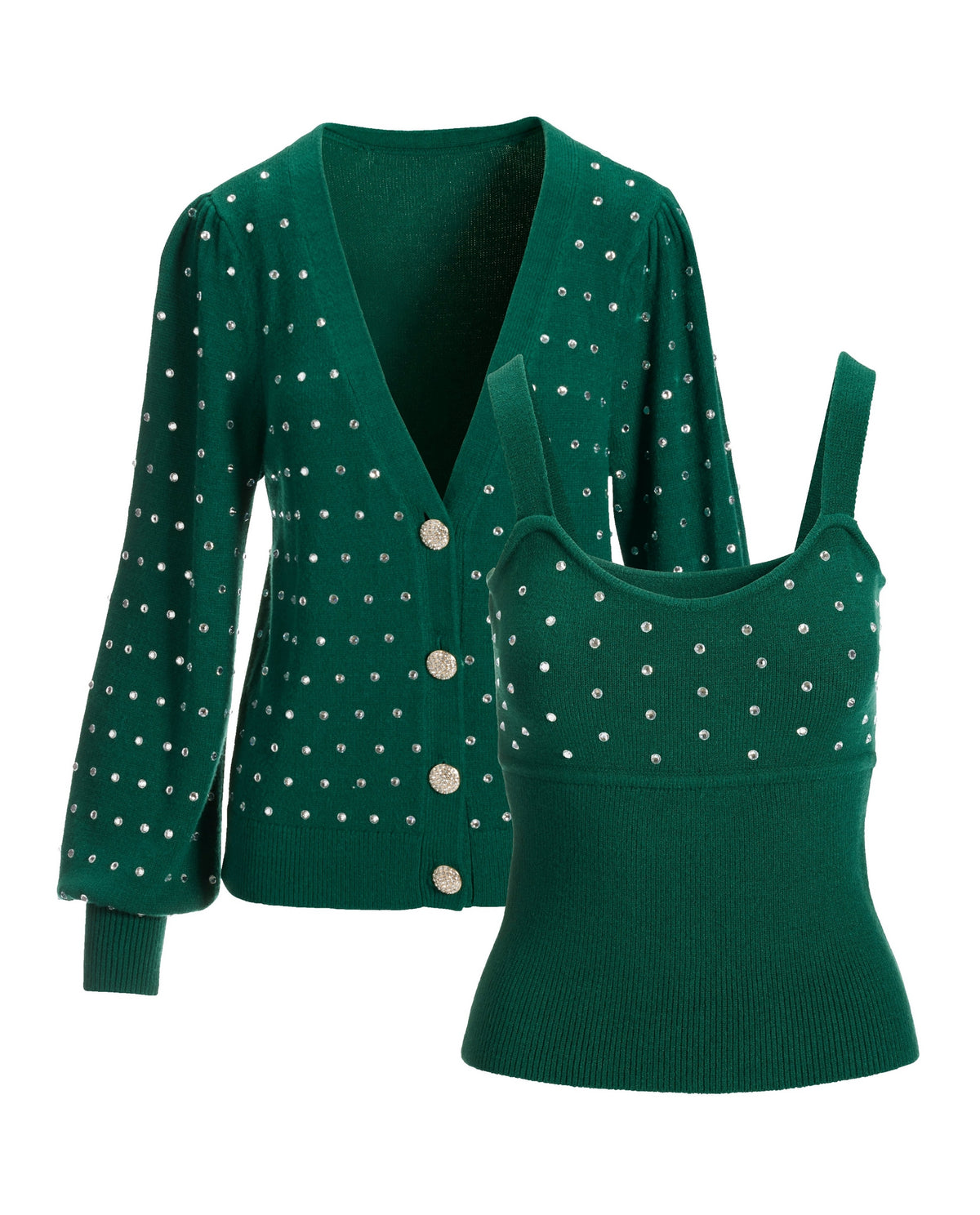 Rhinestone Embellished Button Up Cardigan Set Deep Emerald