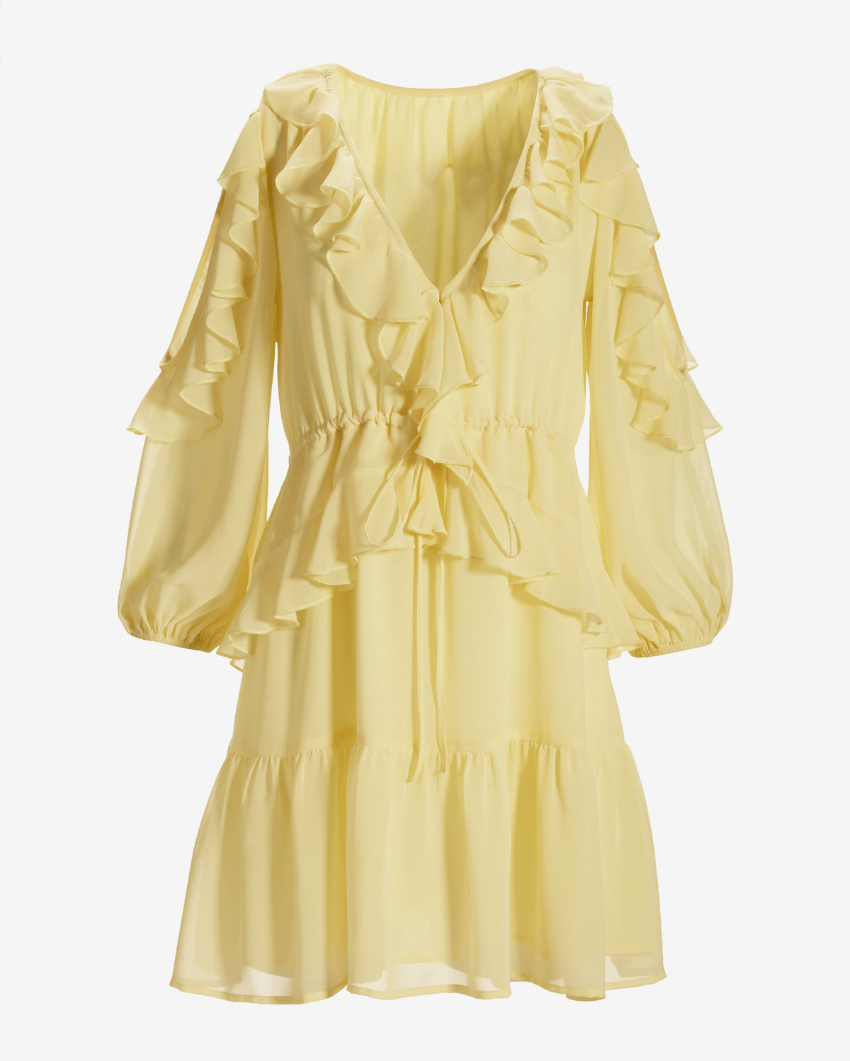 Cold Shoulder Ruffle Detail Boho Peasant Dress Pale Banana