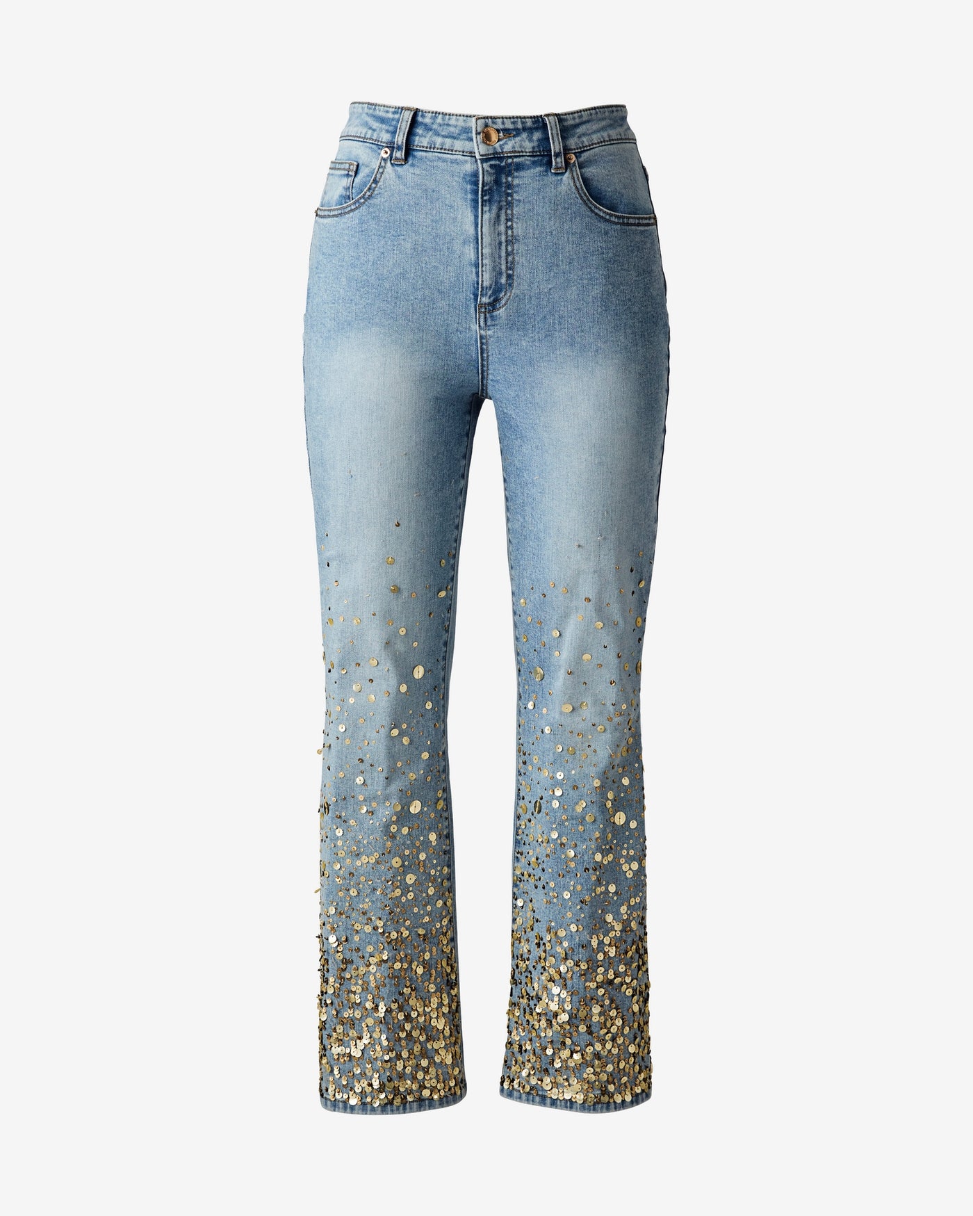 Ombre Sequin Kick Flare Crop Jean Medium Wash Denim