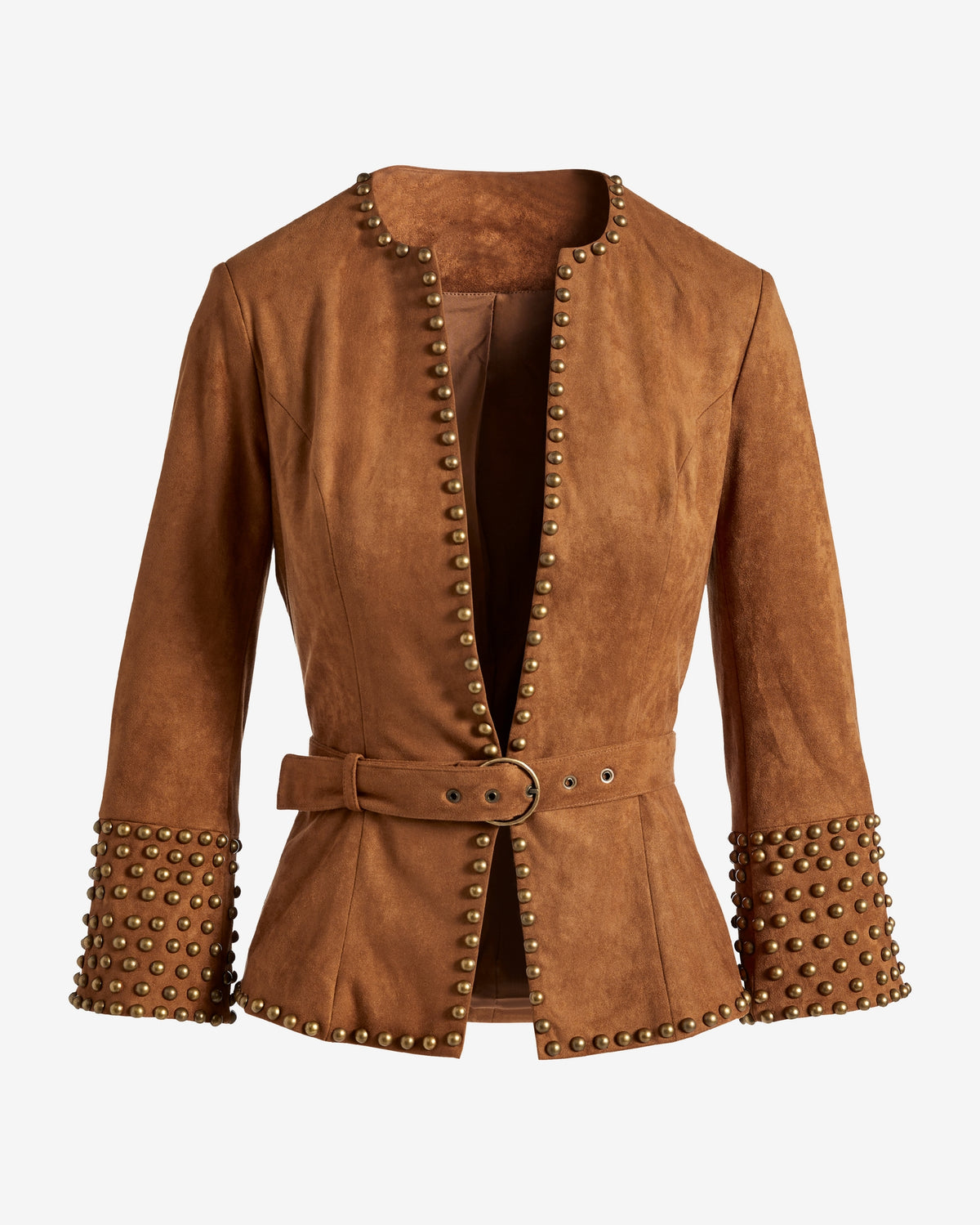Studded Faux Suede Belted Jacket Cognac