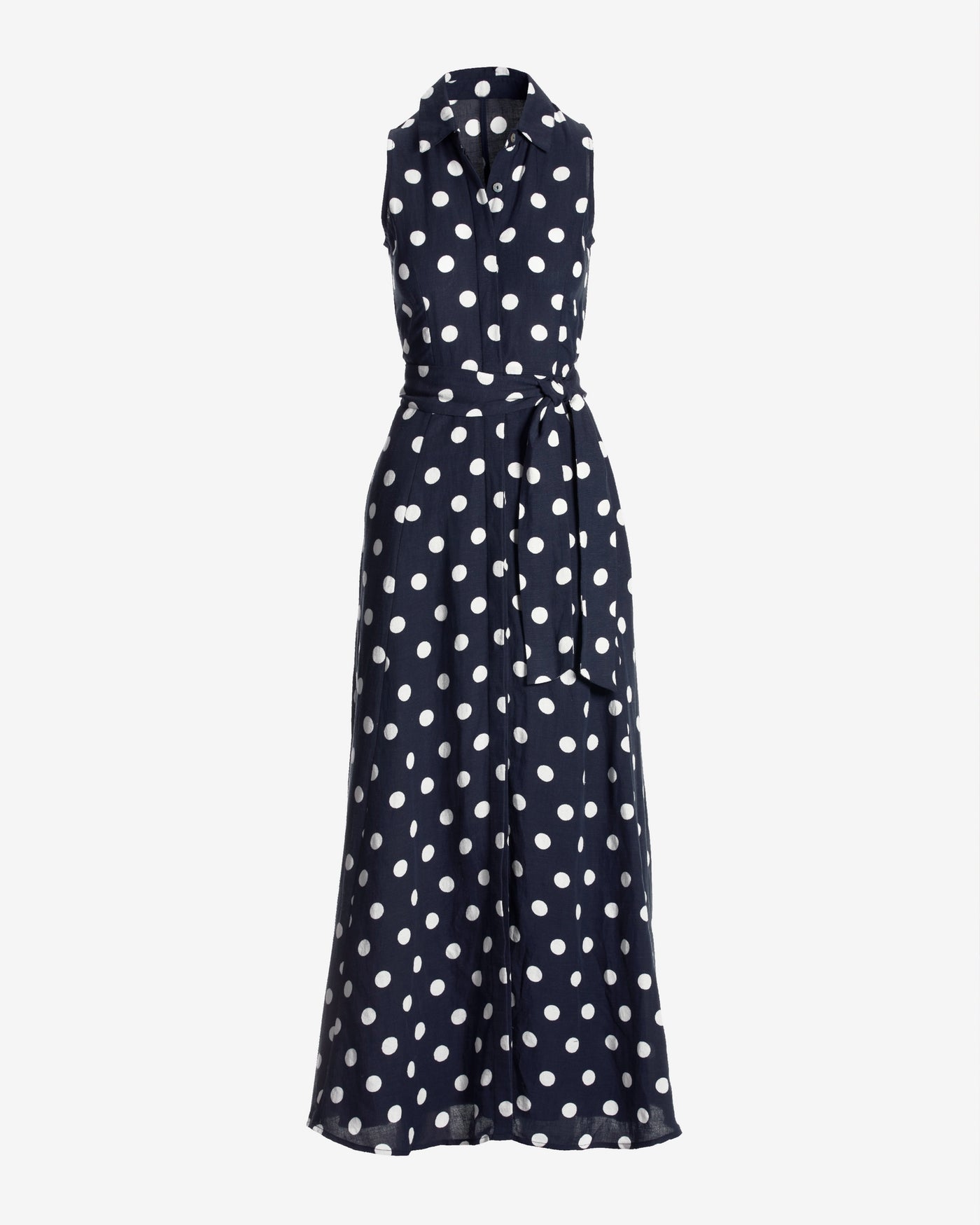 Linen Sleeveless Polk-a-dot Maxi Shirt Dress Navy