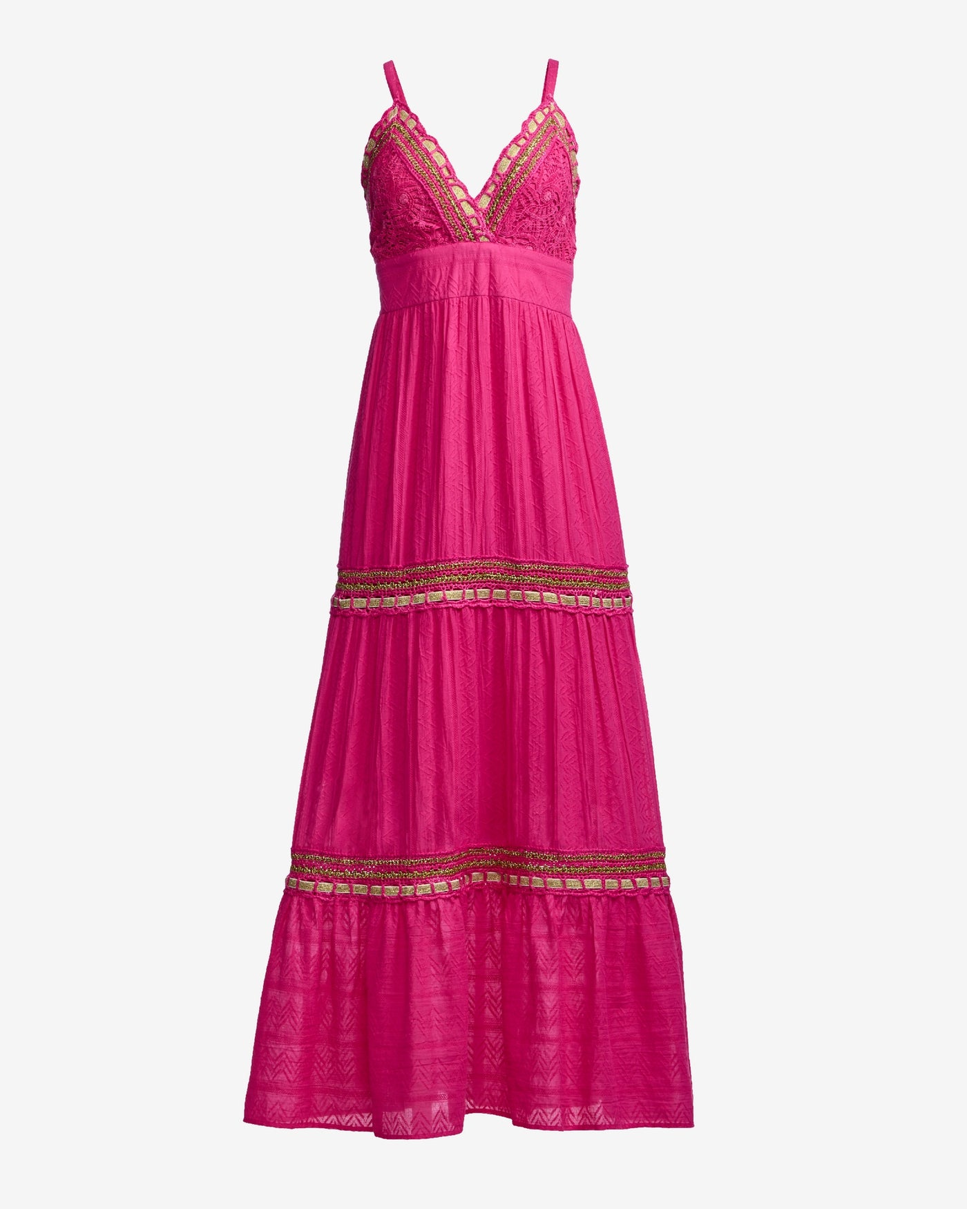 Novelty Lace Inset Metallic Trim Maxi Dress Hot Pink