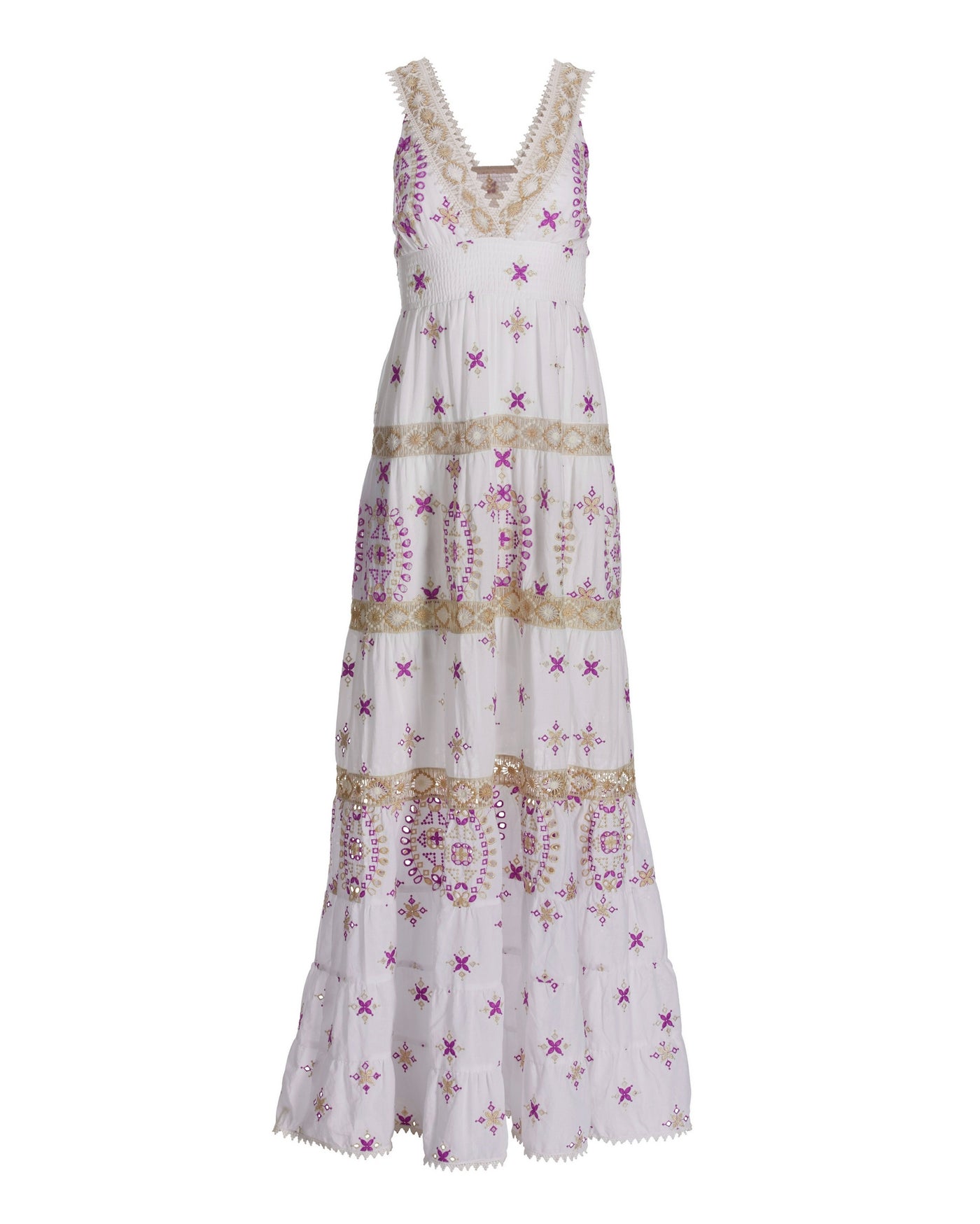 Metallic Lace-Inset Eyelet Maxi Dress White/Purple Multi