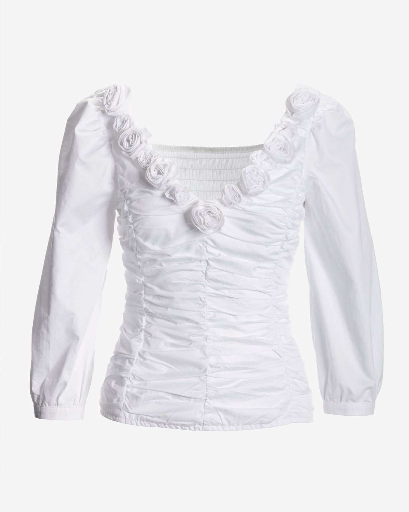 Rosette Ruched Poplin Blouse Pure White