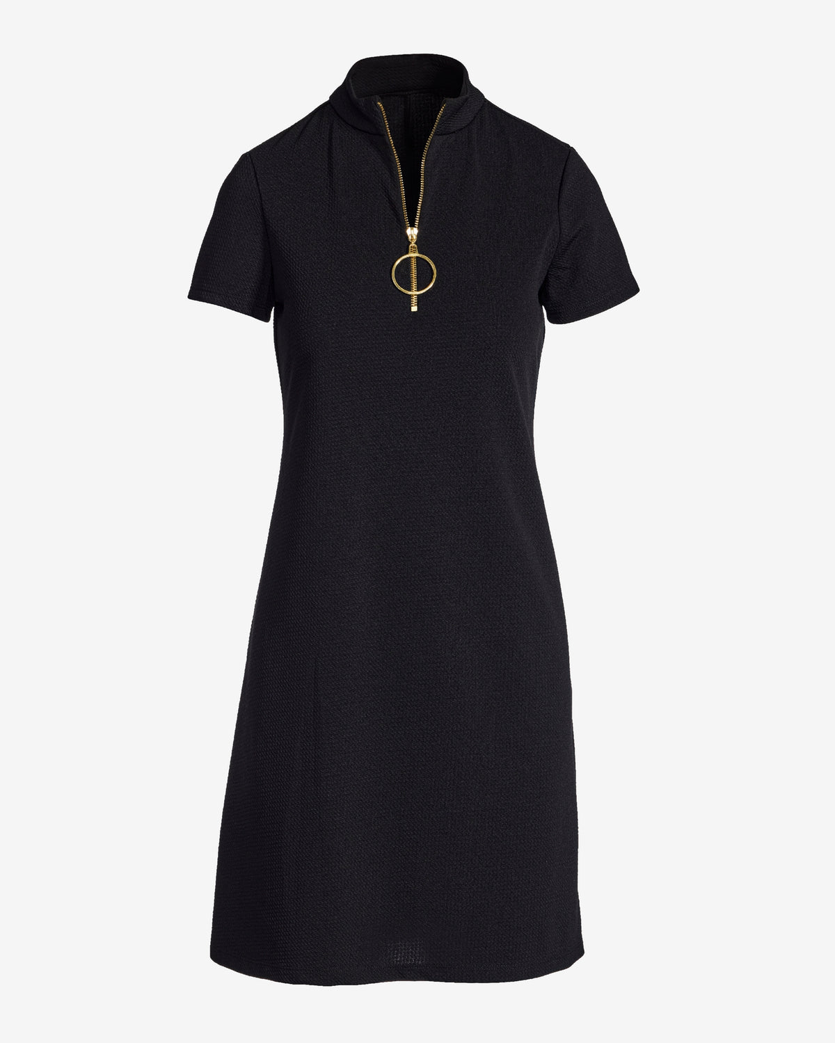 Zip Up Short Sleeve Shift Dress Black