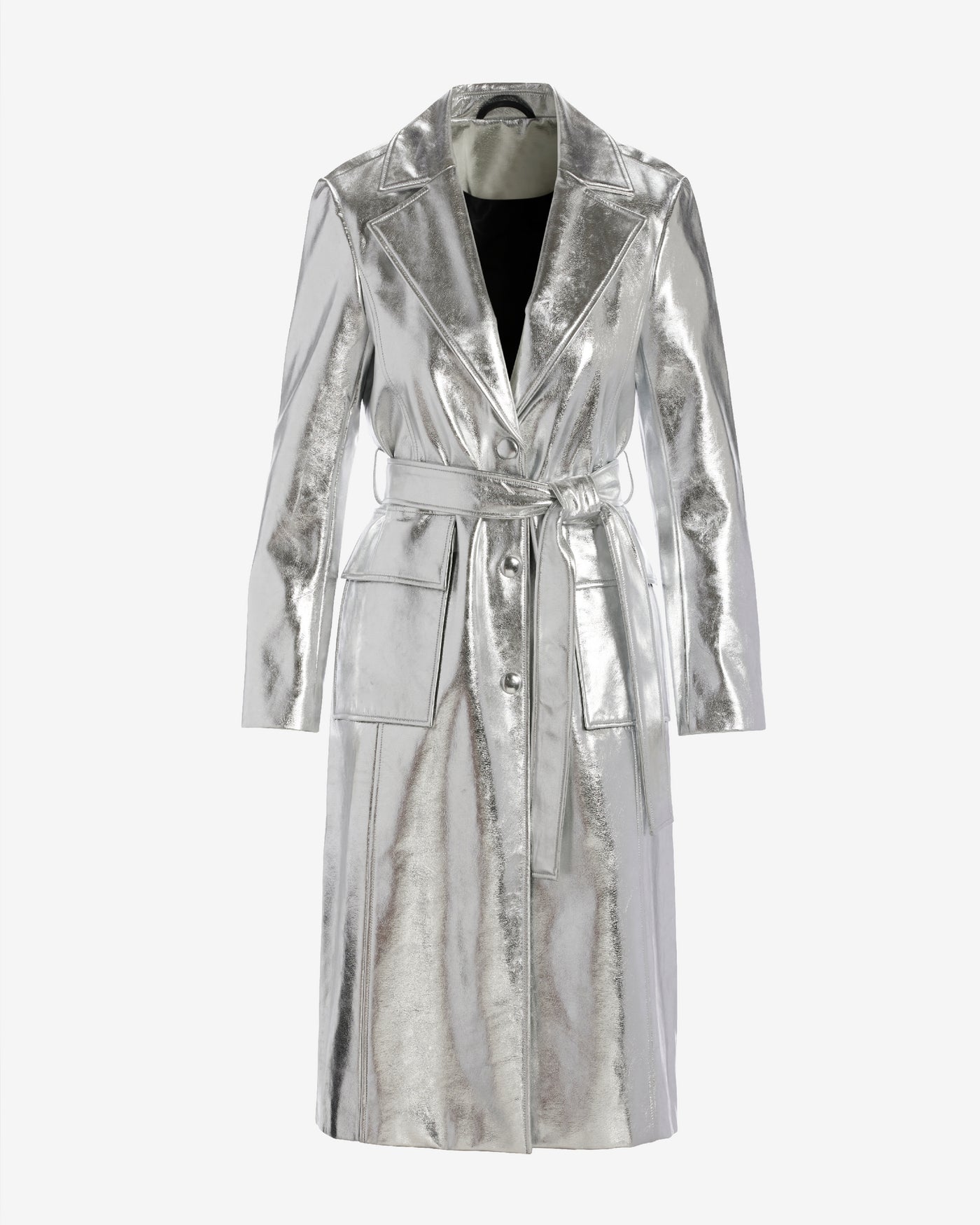 Metallic Faux Leather Blazer Style Trench Coat Silver