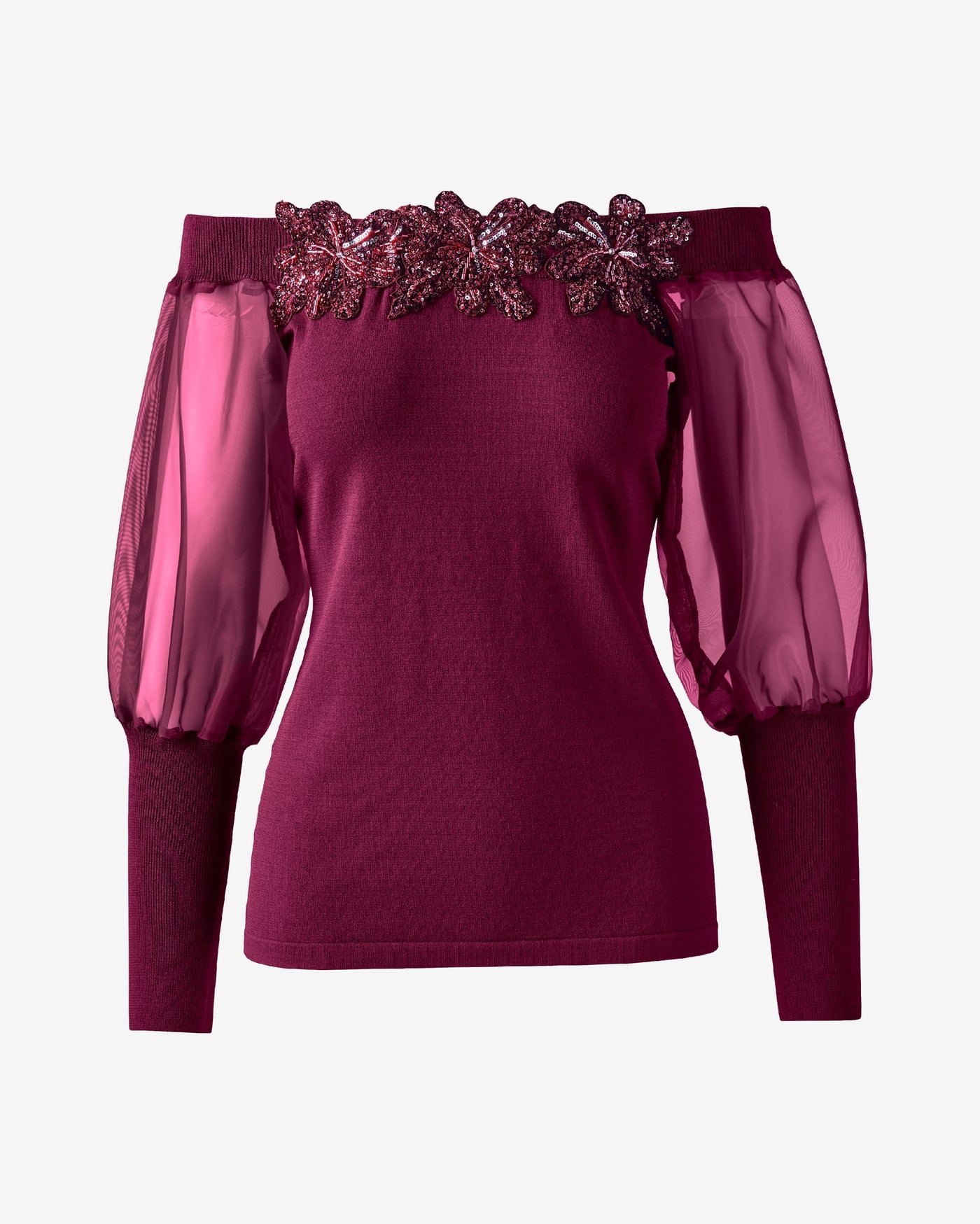 Mixed Media Sweater Top with 3D Flowers Oxblood