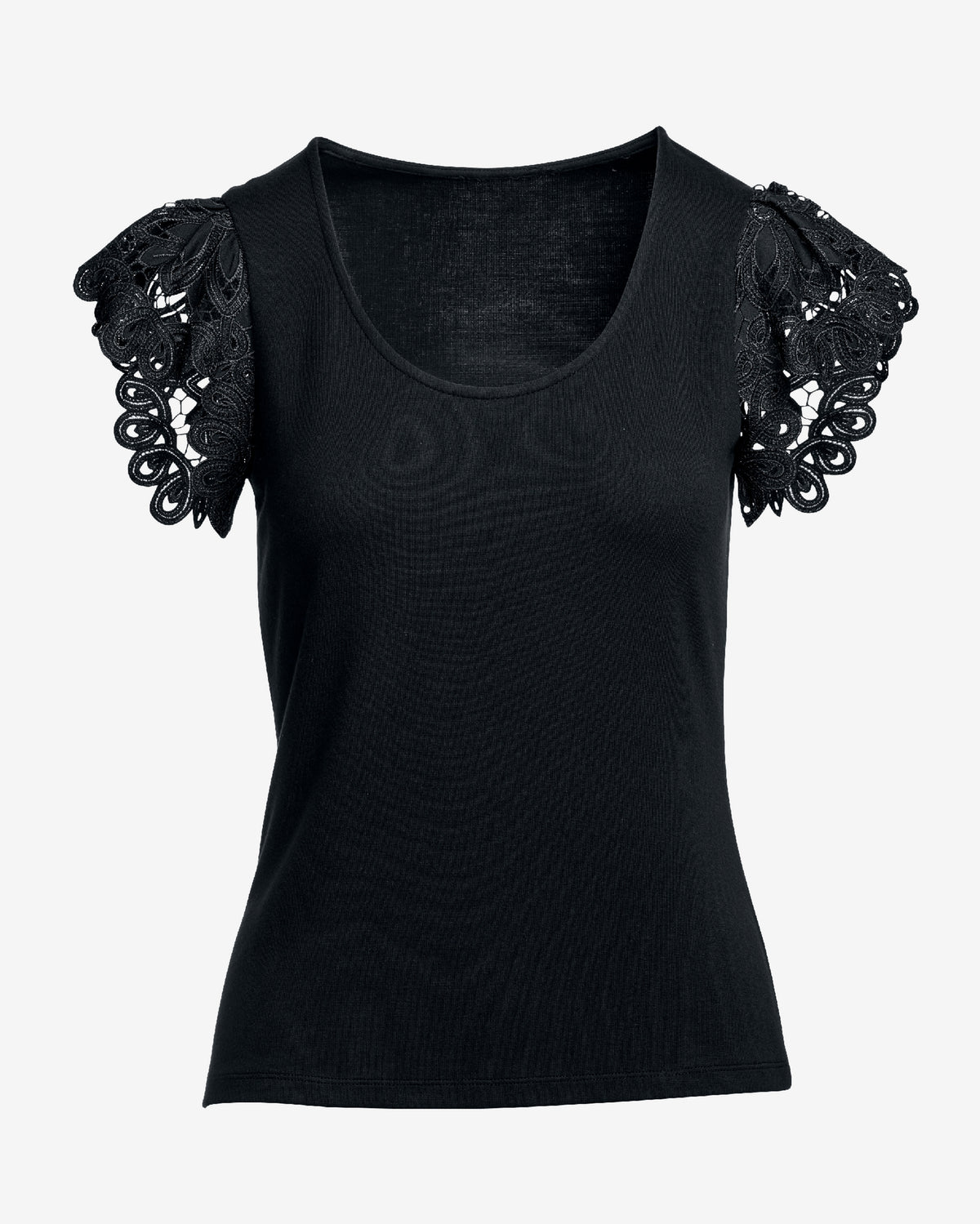 Scallop Lace Sleeve Knit Top Black