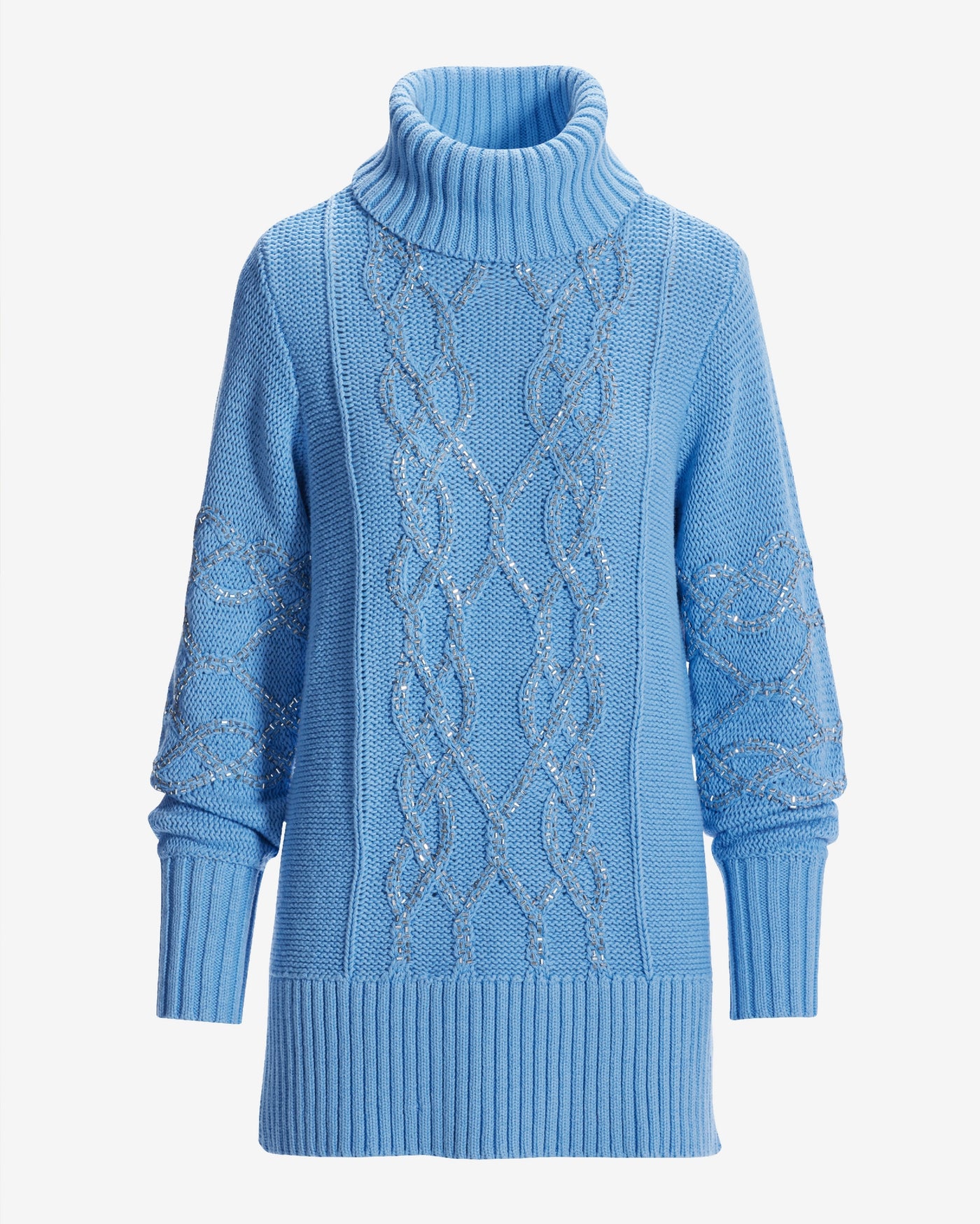 Embellished Cable Turtleneck Tunic Sweater Clear Blue Sky