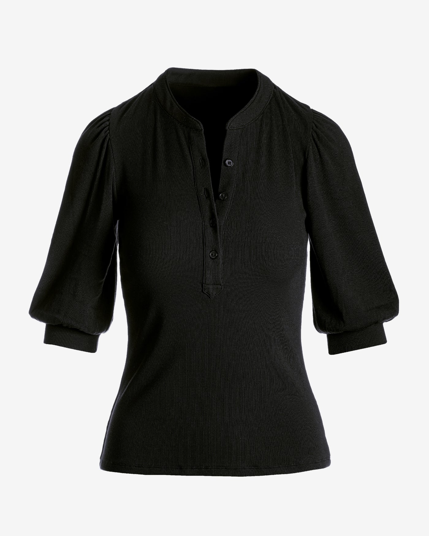 So Essential Ribbed Puff Sleeve Henley Top Proper Black