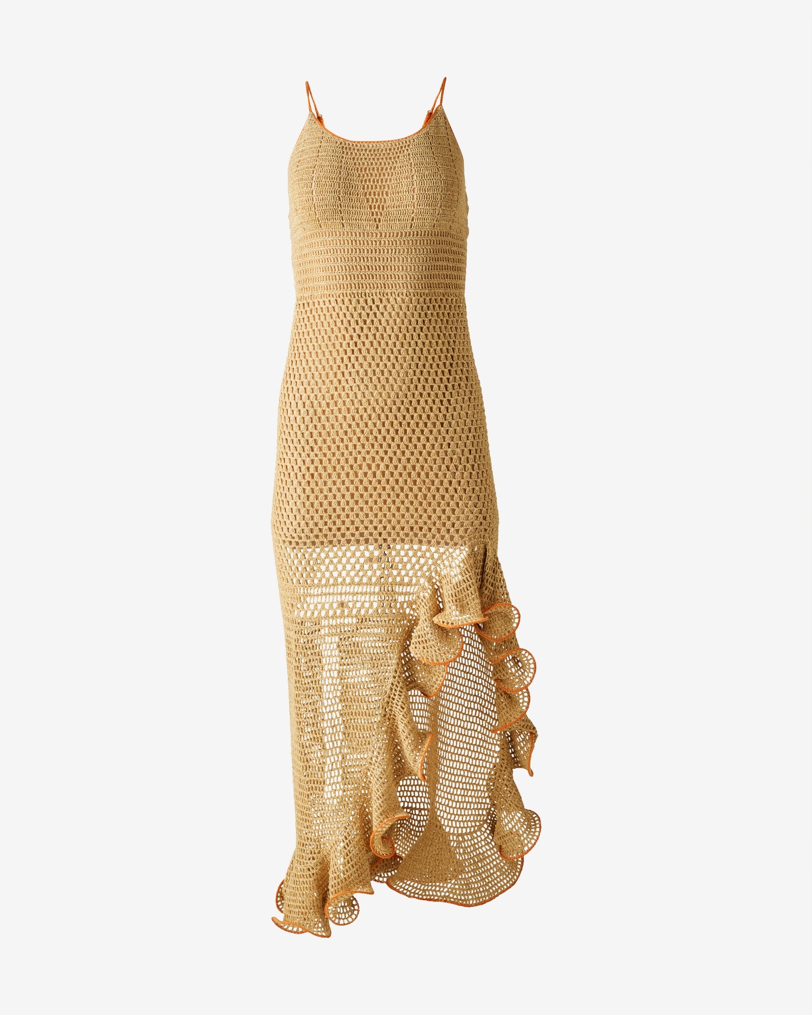 Asymmetrical Ruffle Crochet Maxi Dress Gold