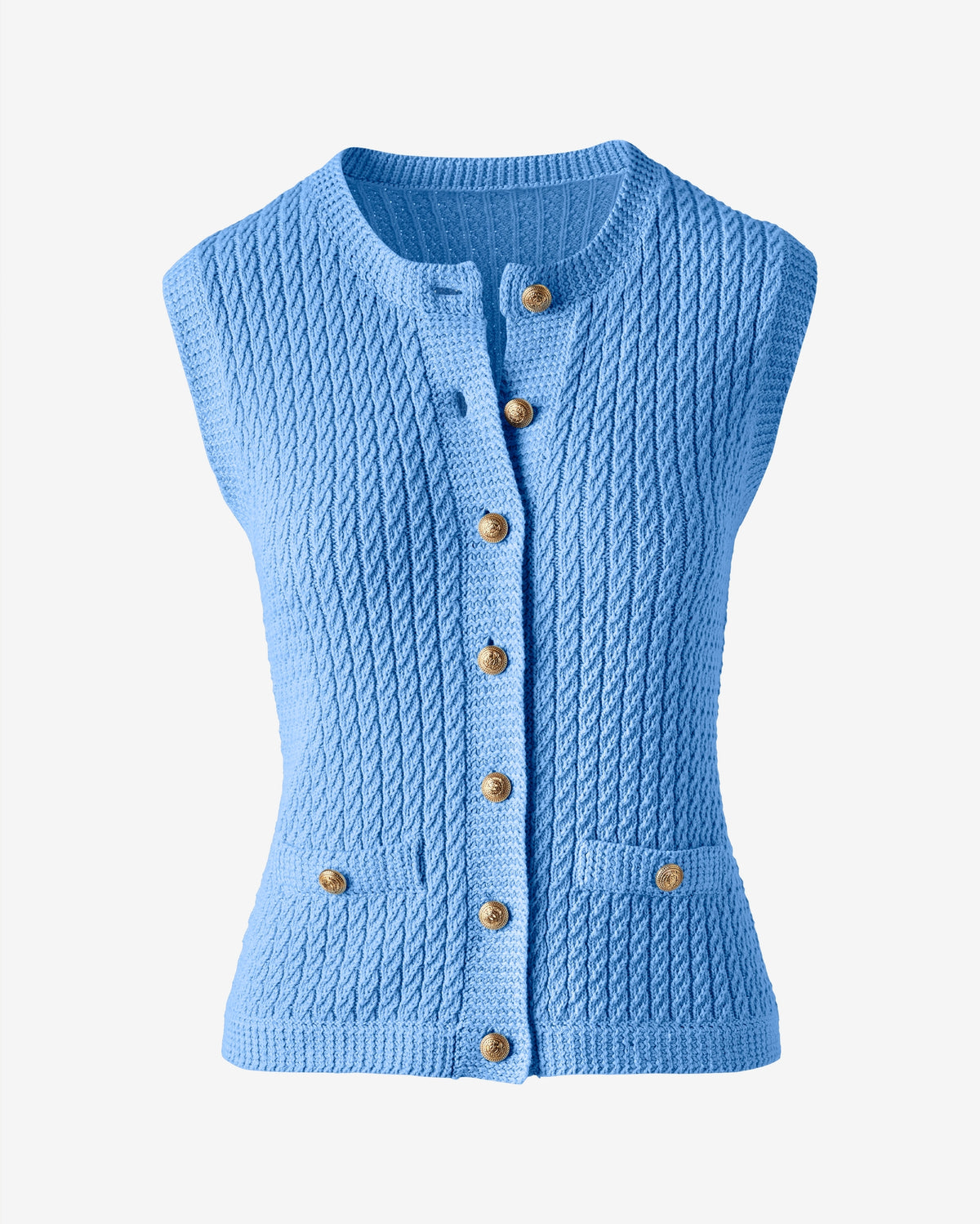 Sleeveless Textured Knit Button Front Sweater Blue Bell
