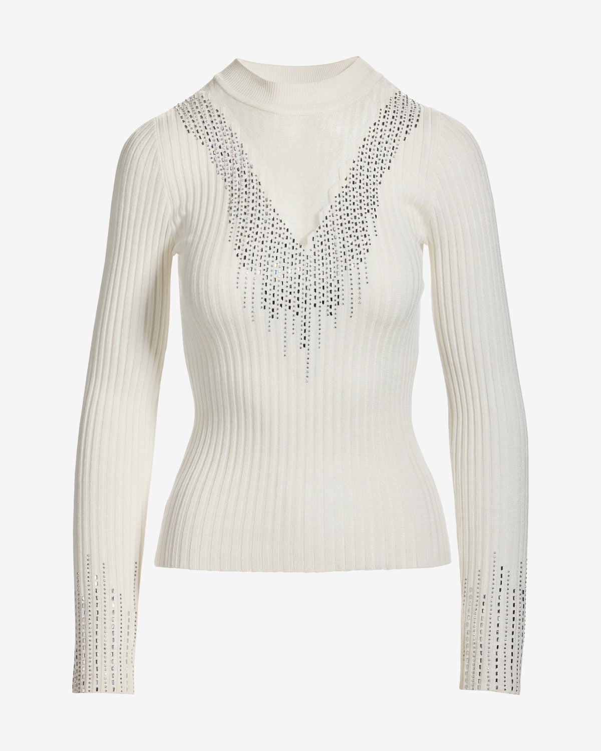 Rhinestone Embellished Mesh Illusion Sweater Off White