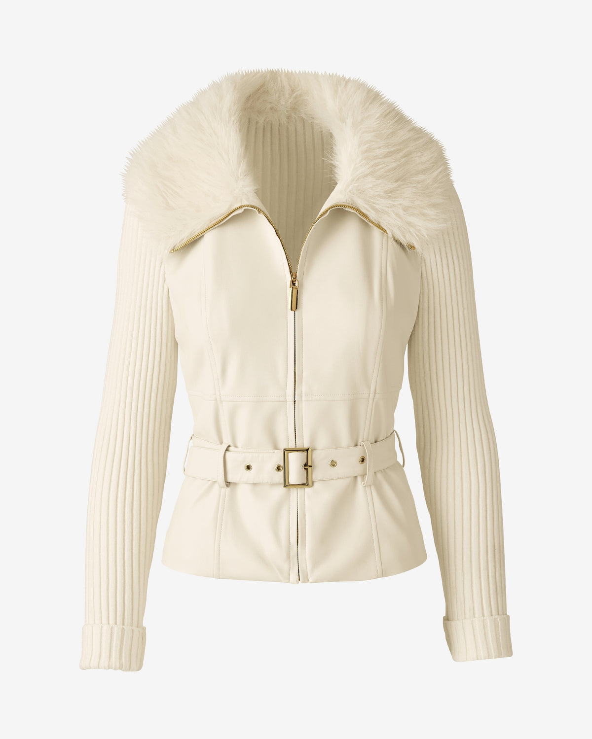 Faux Leather and Faux Fur Trimmed Zip Up Sweater Cream