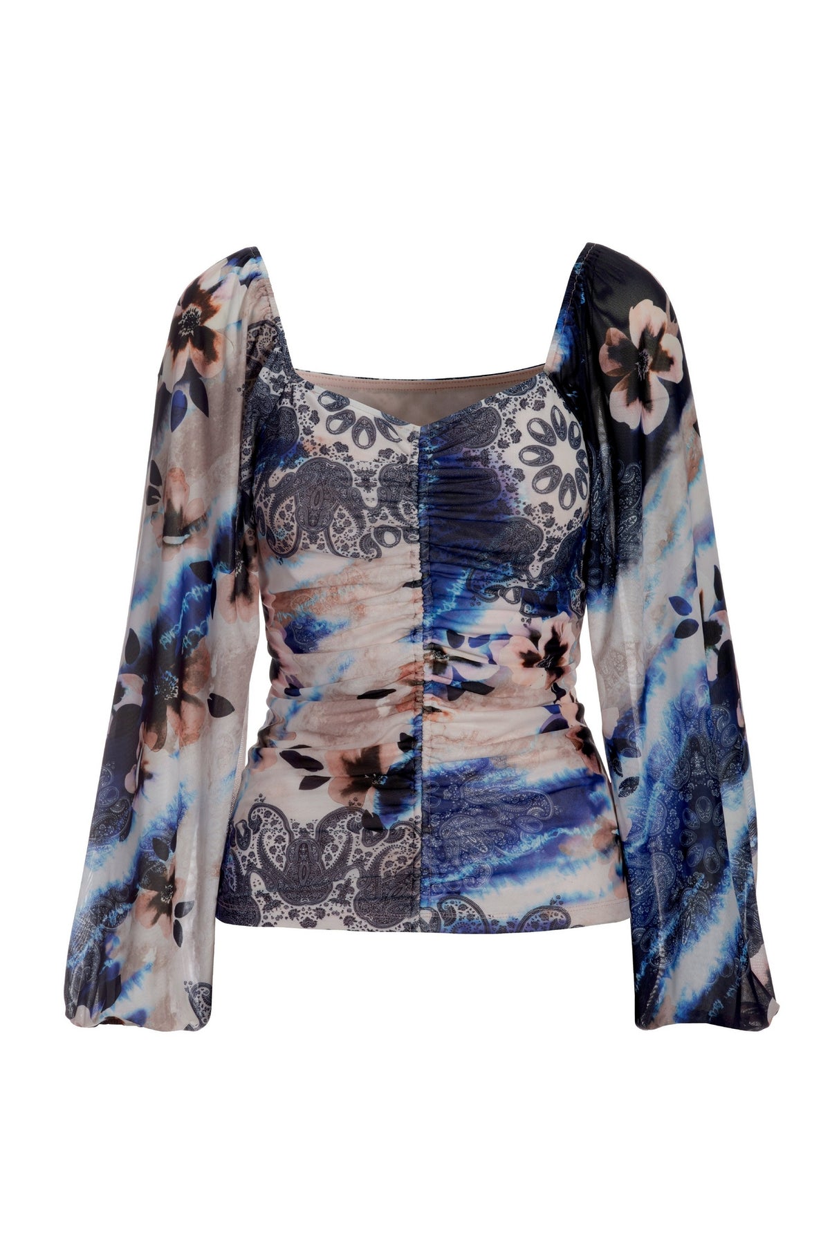 Floral Paisley Ruched Mesh Top Multi