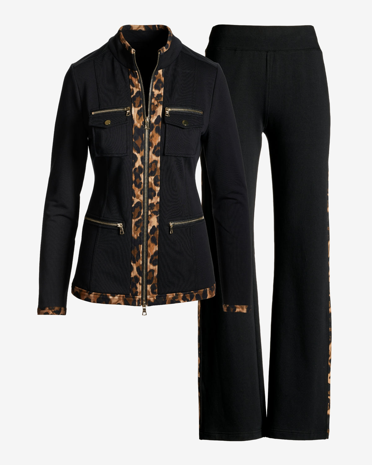 Chic Zippered Printed Trim Sport Coordinate Set Cheetah Spots