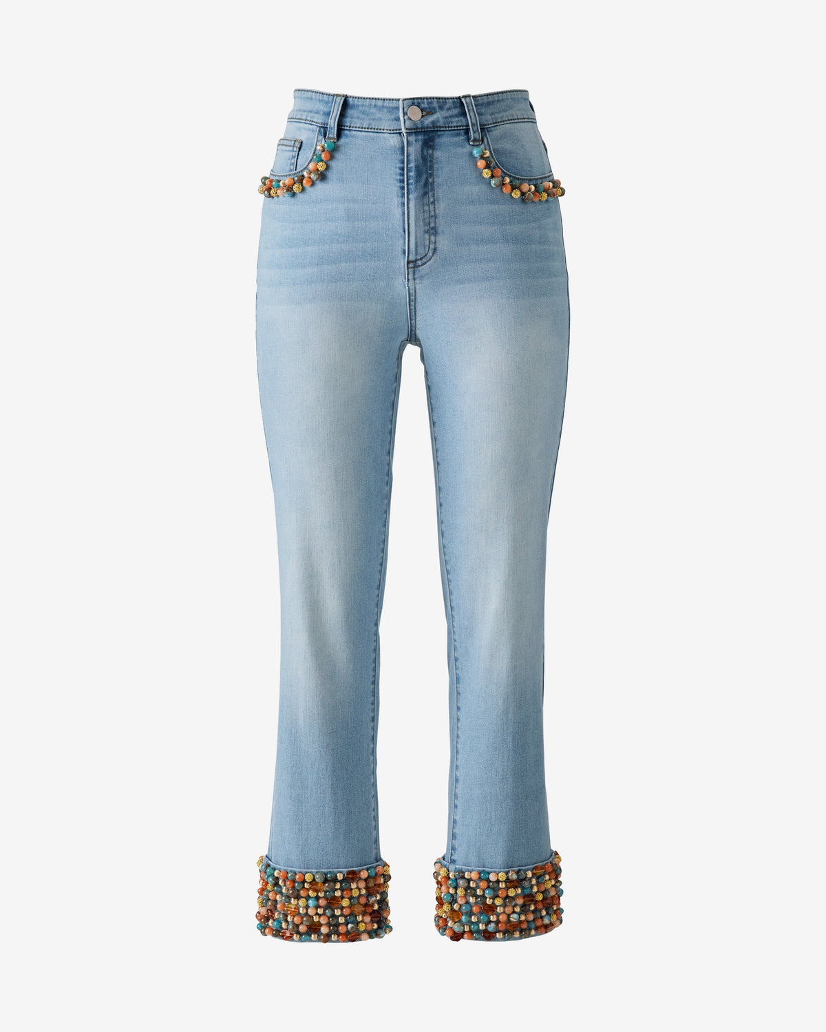Stone Beaded Cuff Cropped Straight Jean Light Wash