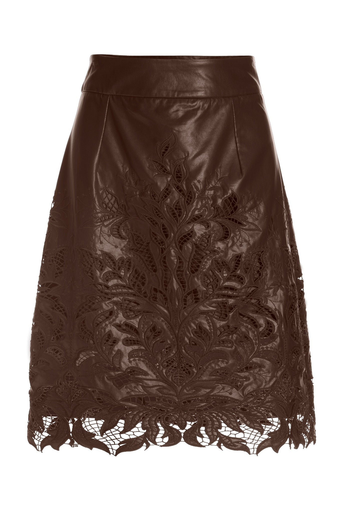Embroidered Faux Leather and Lace Cut Out Skirt Chocolate