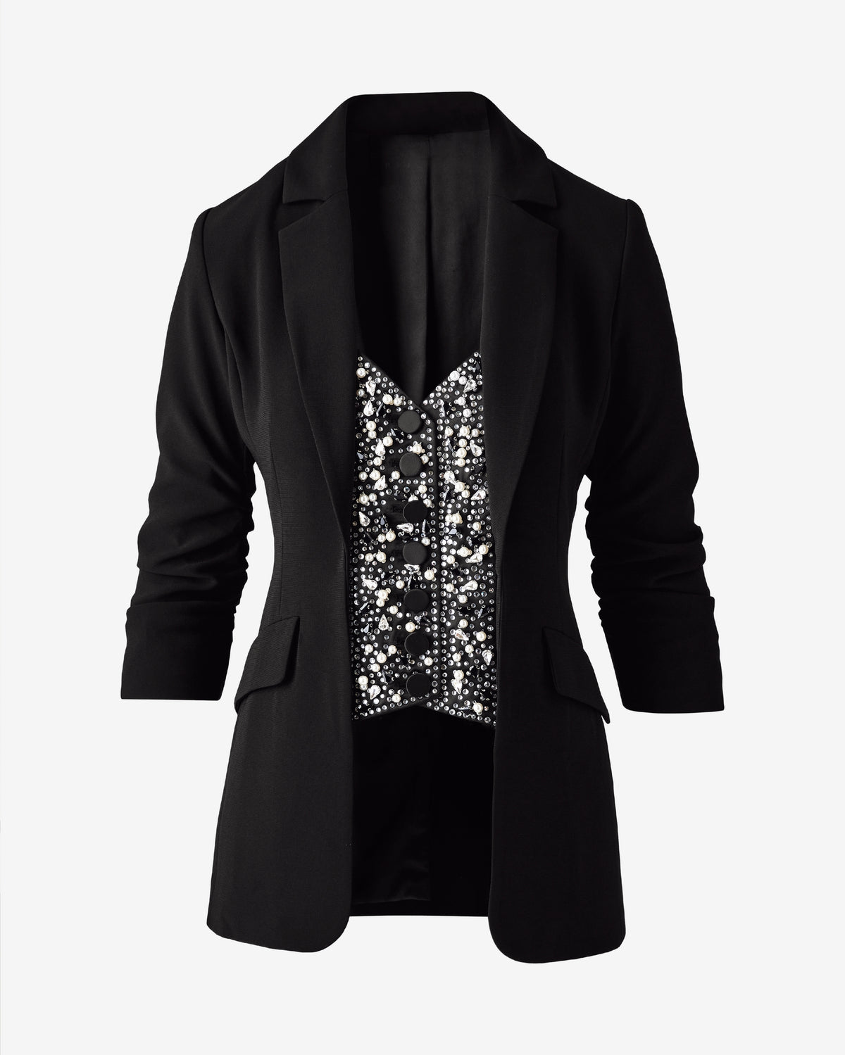 Ruched Sleeve Blazer with Embellished Vest Insert Black