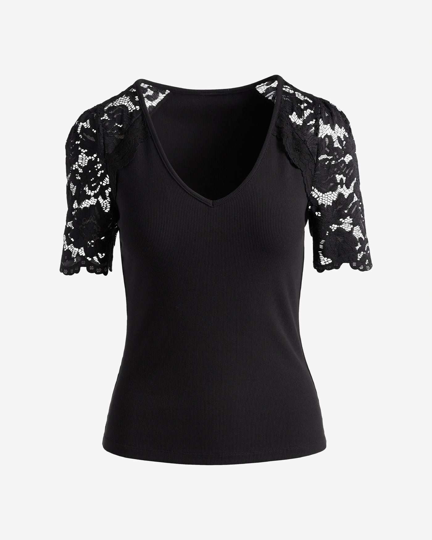 Lace Sleeve V Neck Rib Tee Proper Black