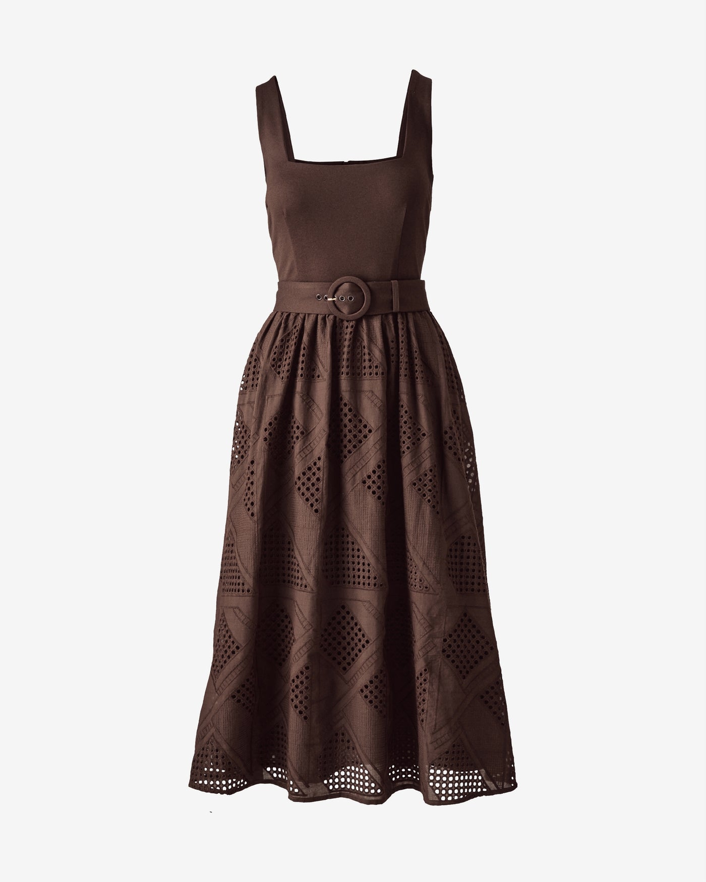Belted Novelty Eyelet Midi Dress Chocolate Torte