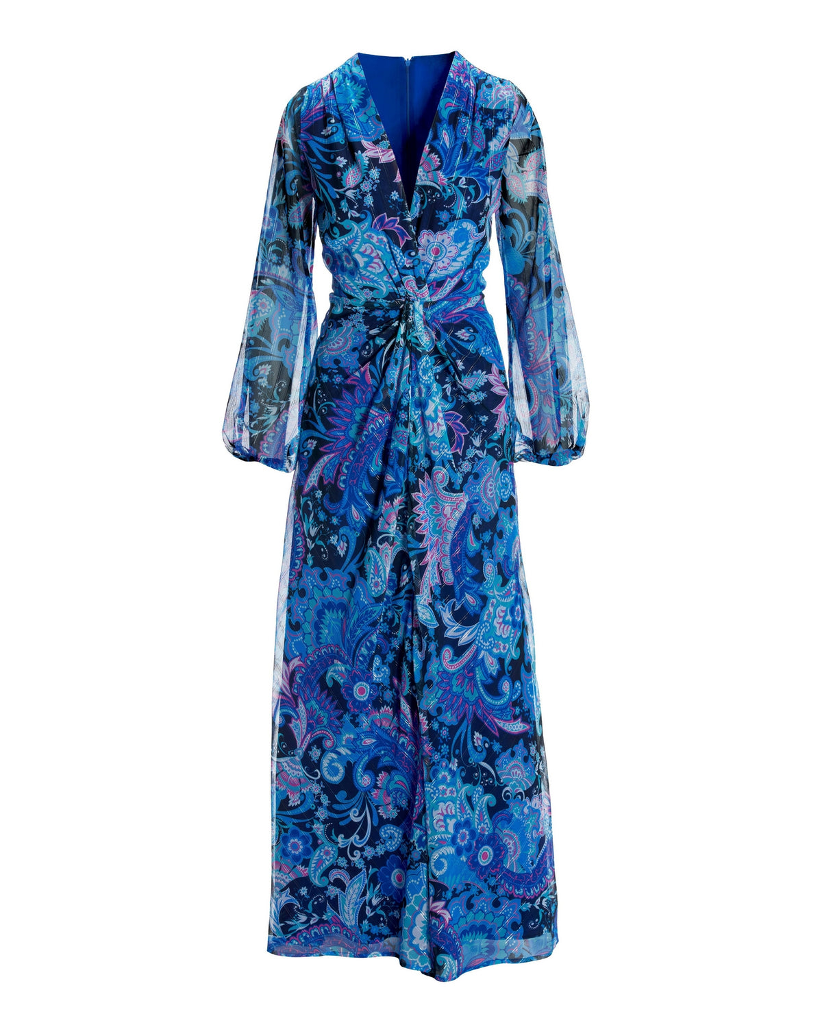 Knightsbridge Fleurs Print Shimmer Front Slit Maxi Dress Blue Multi